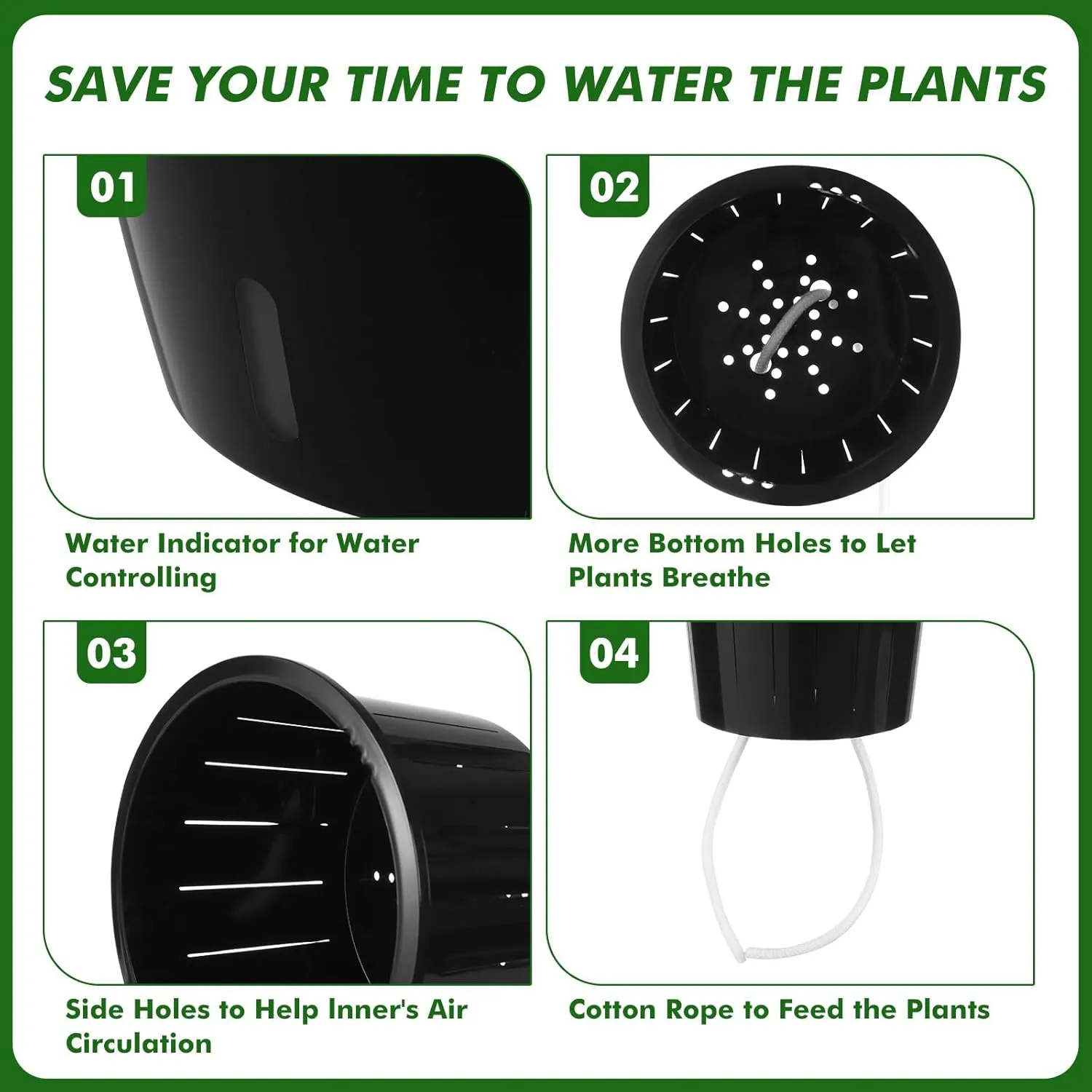 Planterhoma 6.7 Inch Self Watering Pots for Indoor Plants, 8 Packs Self Watering Planters for Orchid, Spider Plant, Devil's Ivy & African Violet, Water Indicator & Black Wick Pots, Black