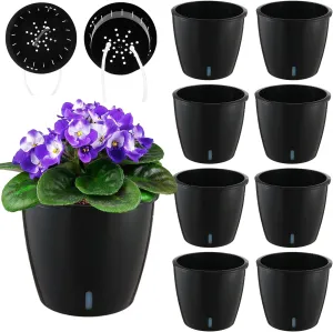 Planterhoma 6.7 Inch Self Watering Pots for Indoor Plants, 8 Packs Self Watering Planters for Orchid, Spider Plant, Devil's Ivy & African Violet, Water Indicator & Black Wick Pots, Black
