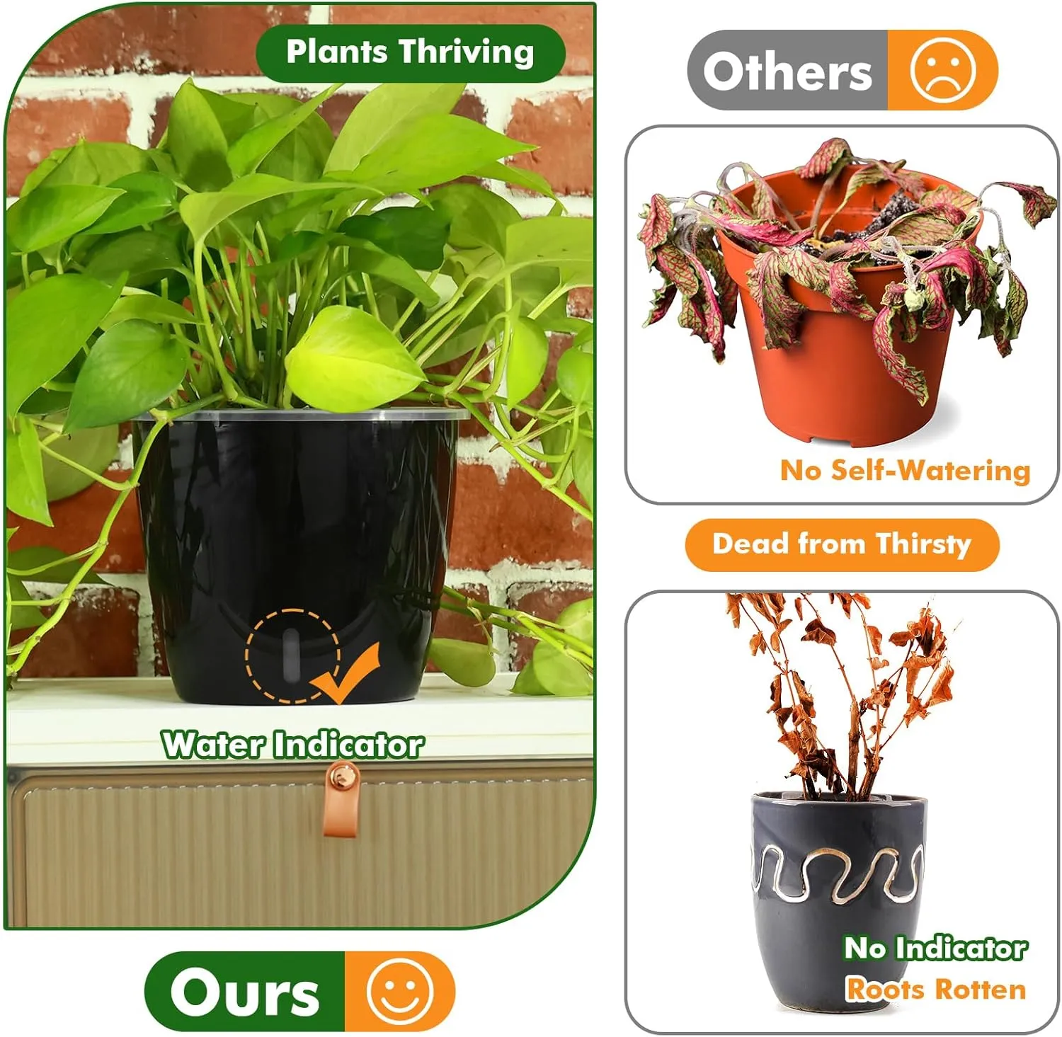 Planterhoma 6.7 Inch Self Watering Pots for Indoor Plants, 8 Packs Self Watering Planters for Orchid, Spider Plant, Devil's Ivy & African Violet, Water Indicator & Black Wick Pots, Black