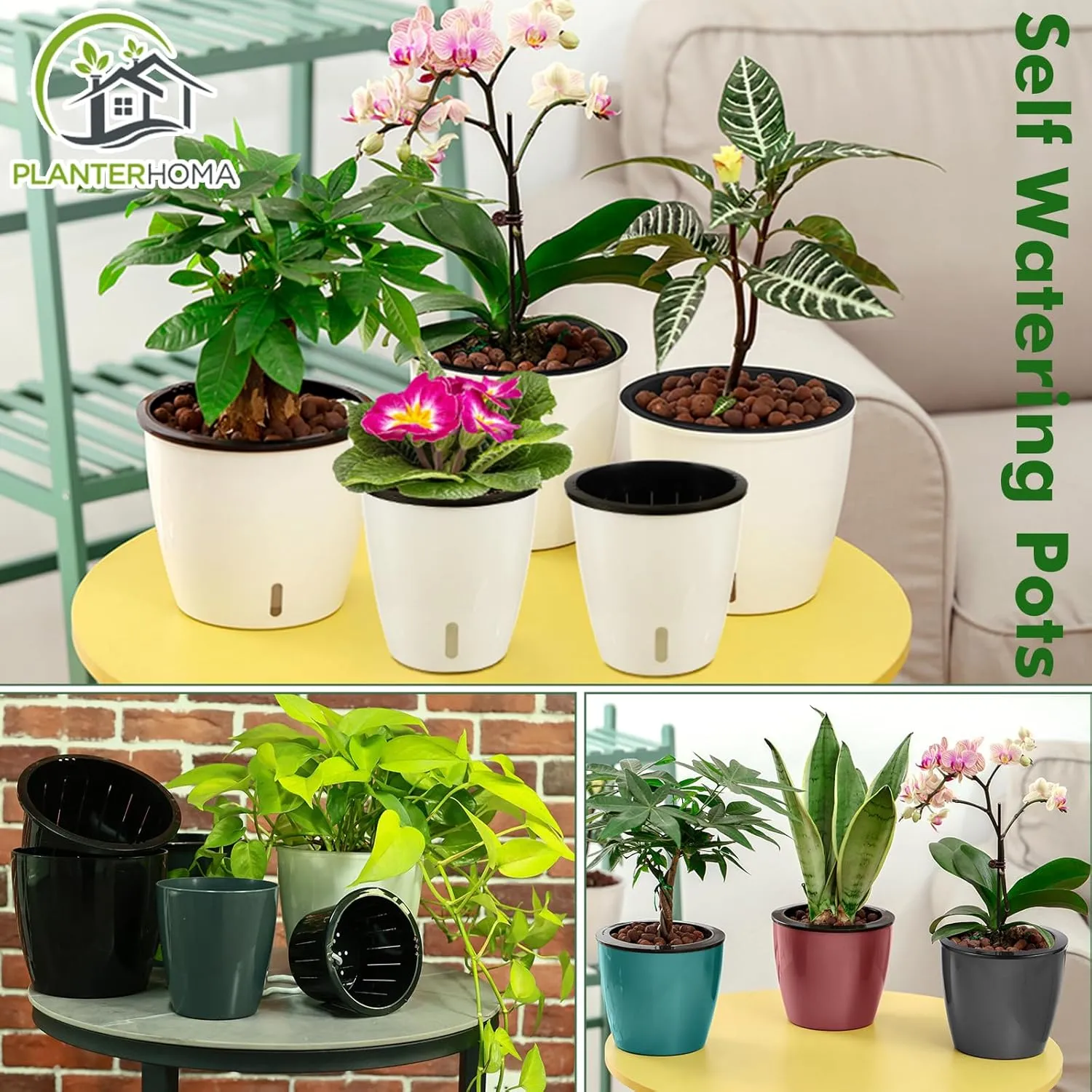 Planterhoma 6.7 Inch Self Watering Pots for Indoor Plants, 8 Packs Self Watering Planters for Orchid, Spider Plant, Devil's Ivy & African Violet, Water Indicator & Black Wick Pots, Black