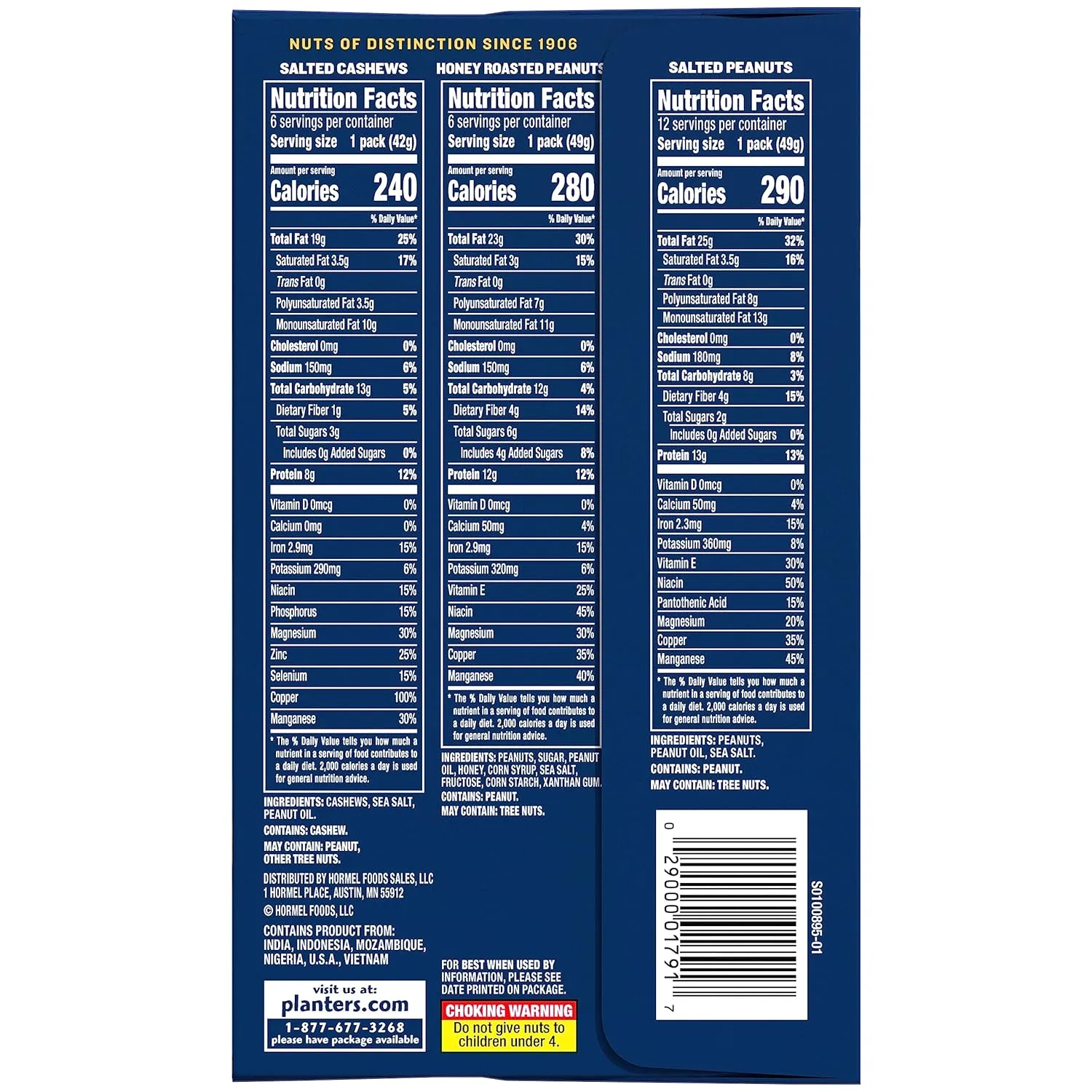 PLANTERS Variety Pack, Salted Cashews, Salted Peanuts & Honey Roasted Peanuts, On-the-Go Nut Snacks, Individually Packed Snacks, Mixed Nuts, Kosher, (36 Count)
