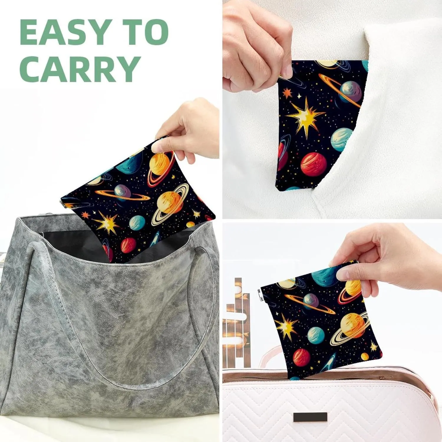 Pocket Cosmetic Bag Squeeze Top, Cosmos Planets Comets Night Sky Galaxy Pattern Waterproof Travel Makeup Bag for Purse, Portable Mini Makeup Pouch No Zipper for Women