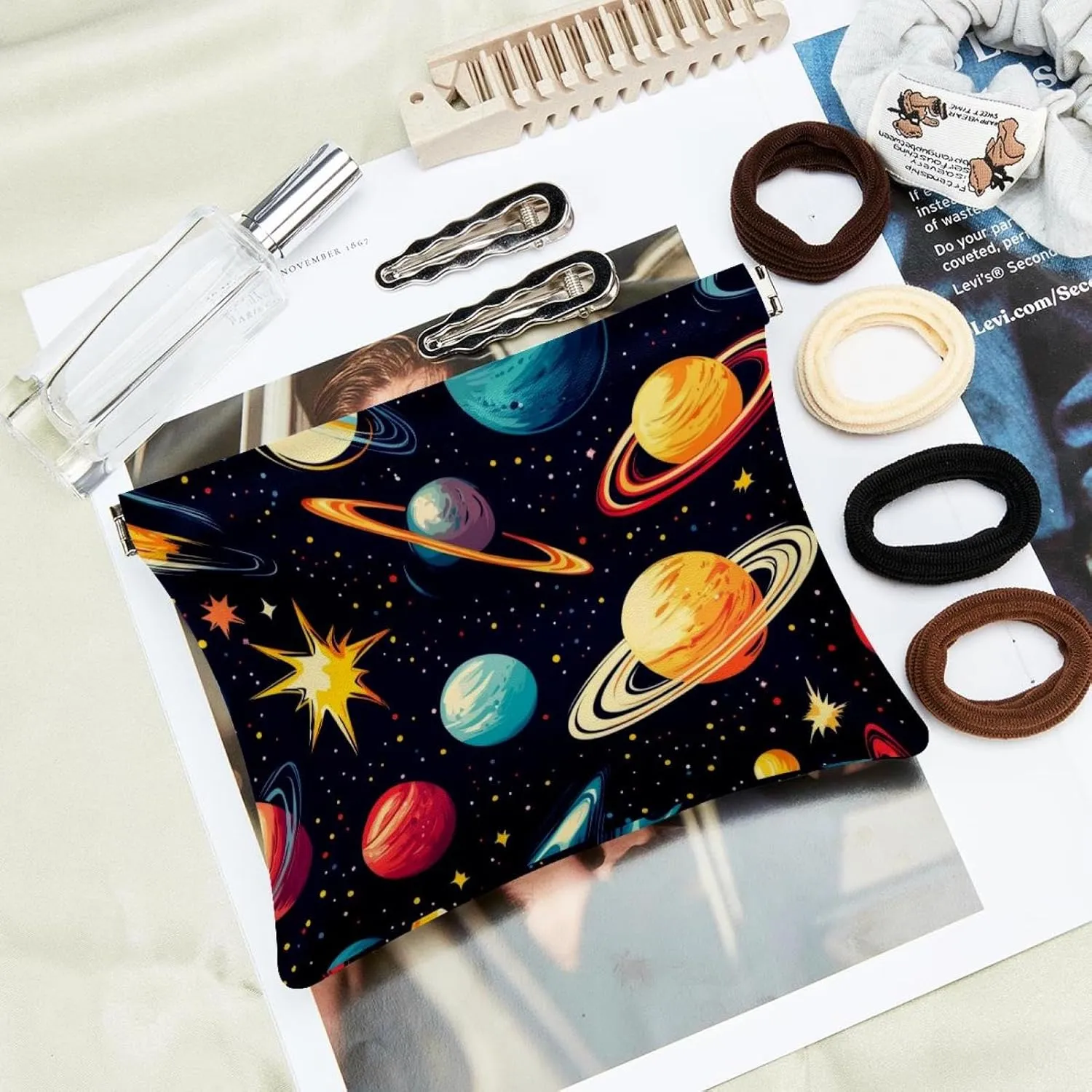 Pocket Cosmetic Bag Squeeze Top, Cosmos Planets Comets Night Sky Galaxy Pattern Waterproof Travel Makeup Bag for Purse, Portable Mini Makeup Pouch No Zipper for Women