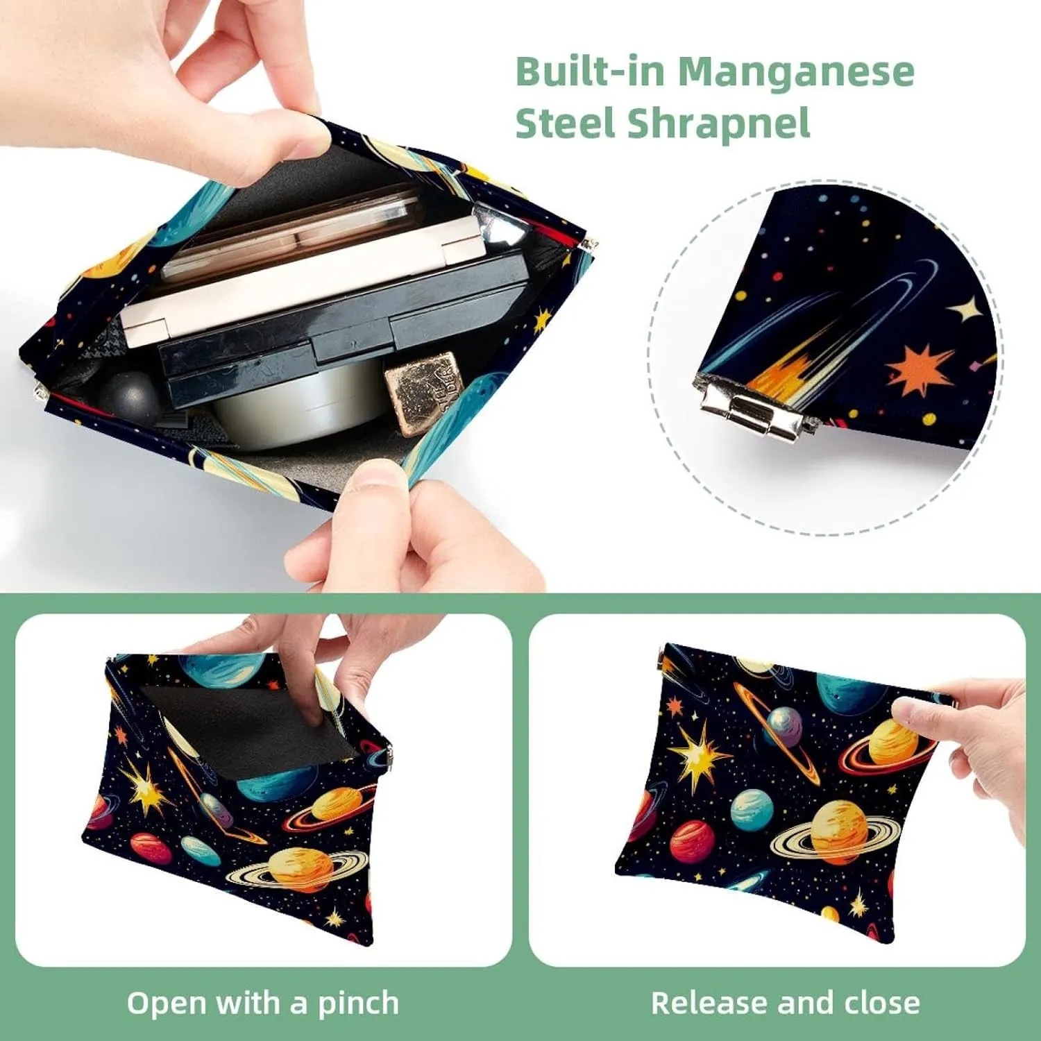 Pocket Cosmetic Bag Squeeze Top, Cosmos Planets Comets Night Sky Galaxy Pattern Waterproof Travel Makeup Bag for Purse, Portable Mini Makeup Pouch No Zipper for Women