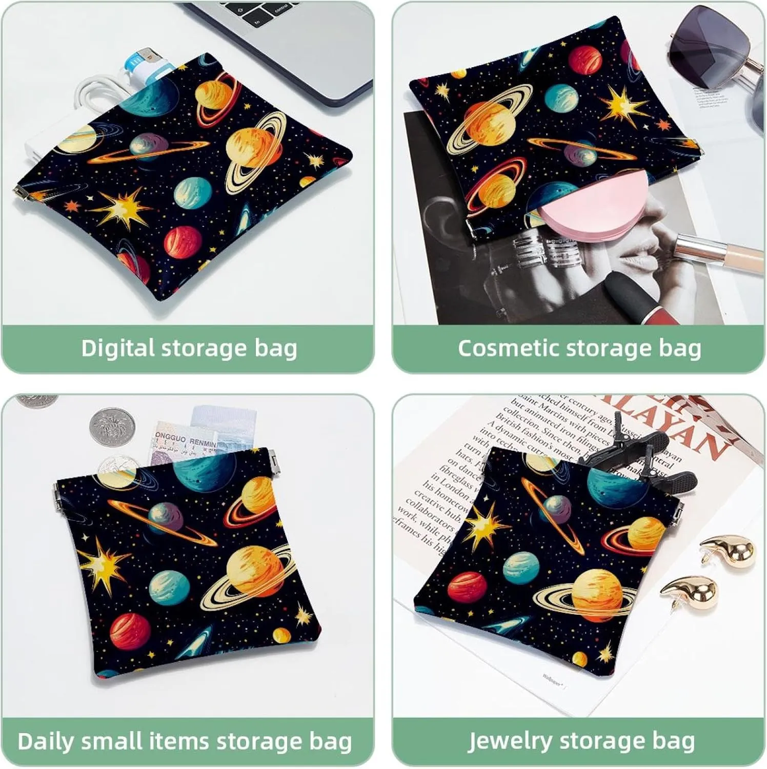 Pocket Cosmetic Bag Squeeze Top, Cosmos Planets Comets Night Sky Galaxy Pattern Waterproof Travel Makeup Bag for Purse, Portable Mini Makeup Pouch No Zipper for Women