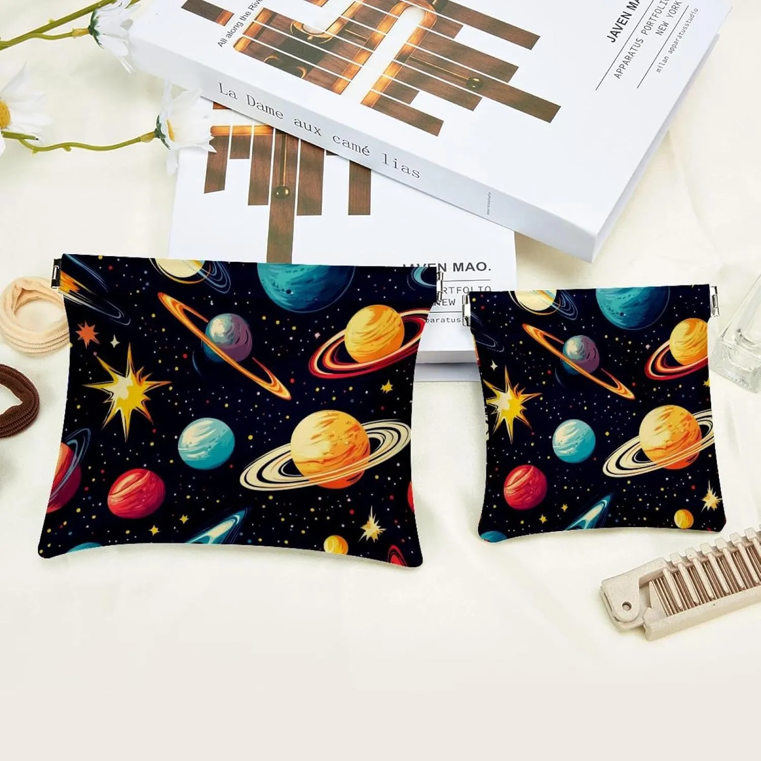 Pocket Cosmetic Bag Squeeze Top, Cosmos Planets Comets Night Sky Galaxy Pattern Waterproof Travel Makeup Bag for Purse, Portable Mini Makeup Pouch No Zipper for Women