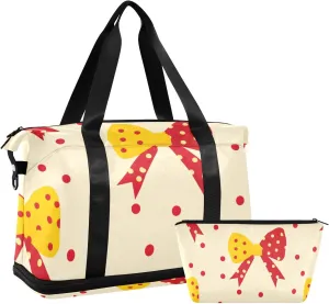 Polka Dot and Bow Reddish Yellow Oversized Travel Duffel Bag Large Carry On Bag with Toiletry Bag for Sports 2 Pcs Set