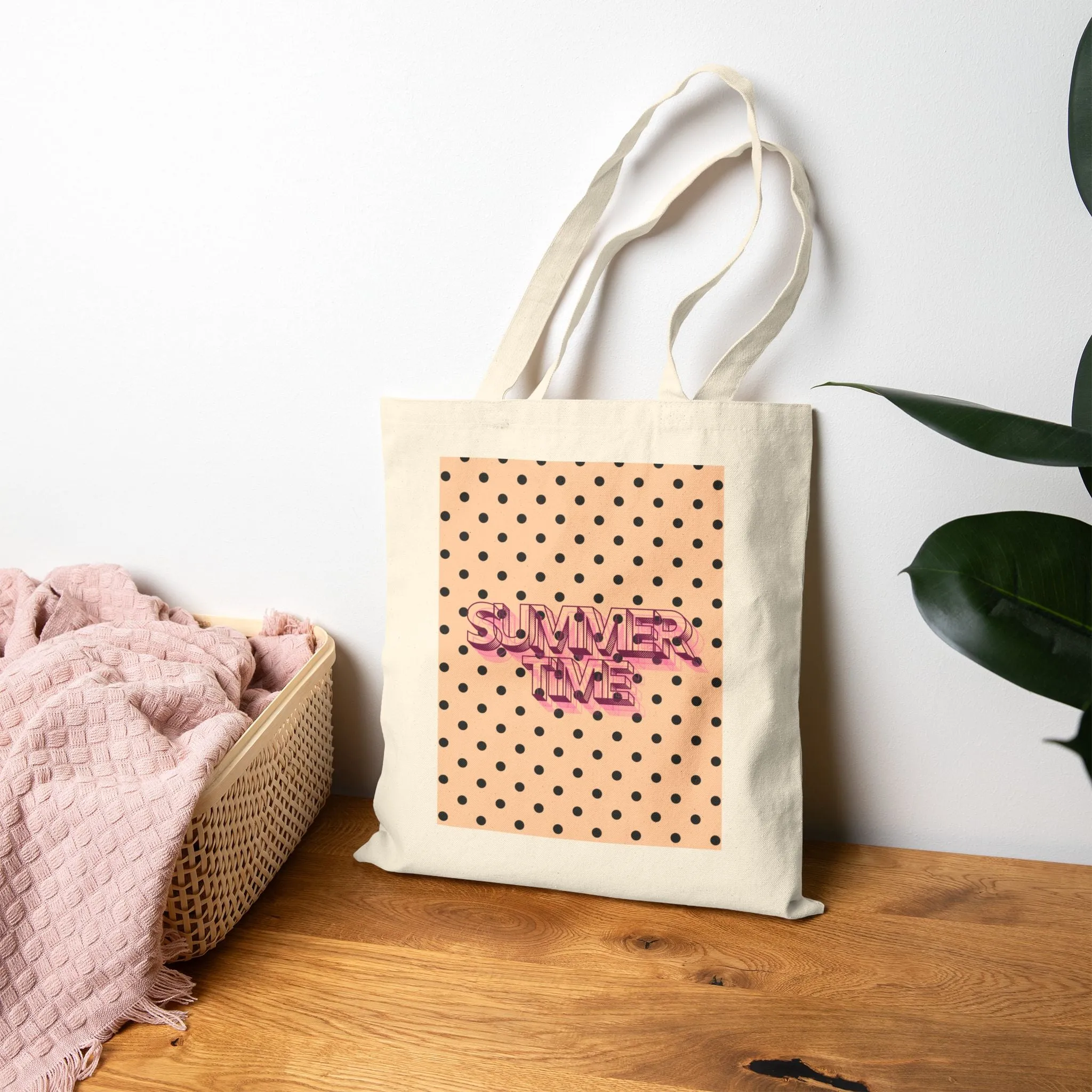 Polka Dot Beach Bag, Summer Vibes Cotton Canvas Tote