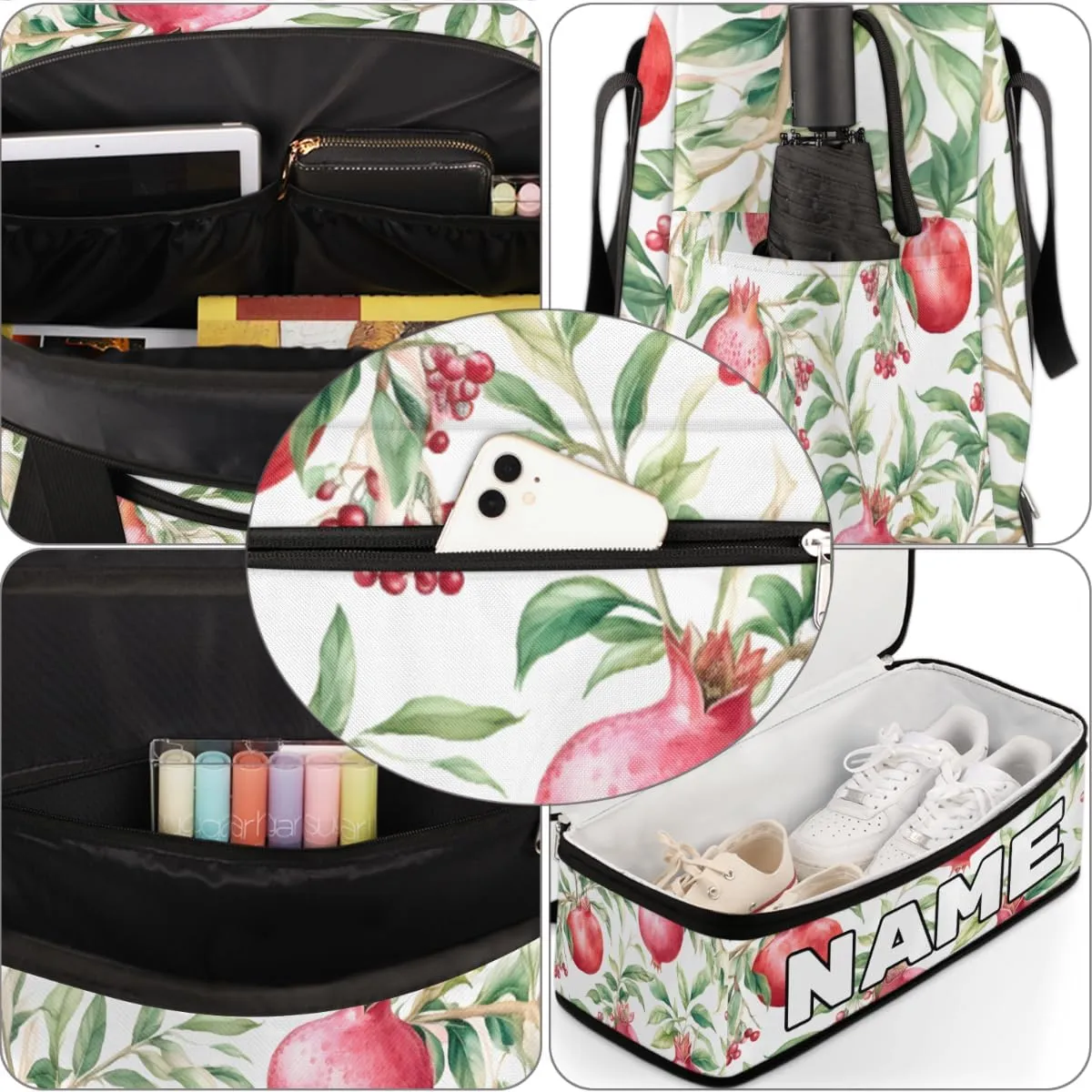 Pomegranates Flowers Pattern Custom Foldable Duffle Bag with Shoes Compartment Personalized Large Capacity Waterproof Travel Weekender Bag Overnight Bag for Sports Gym