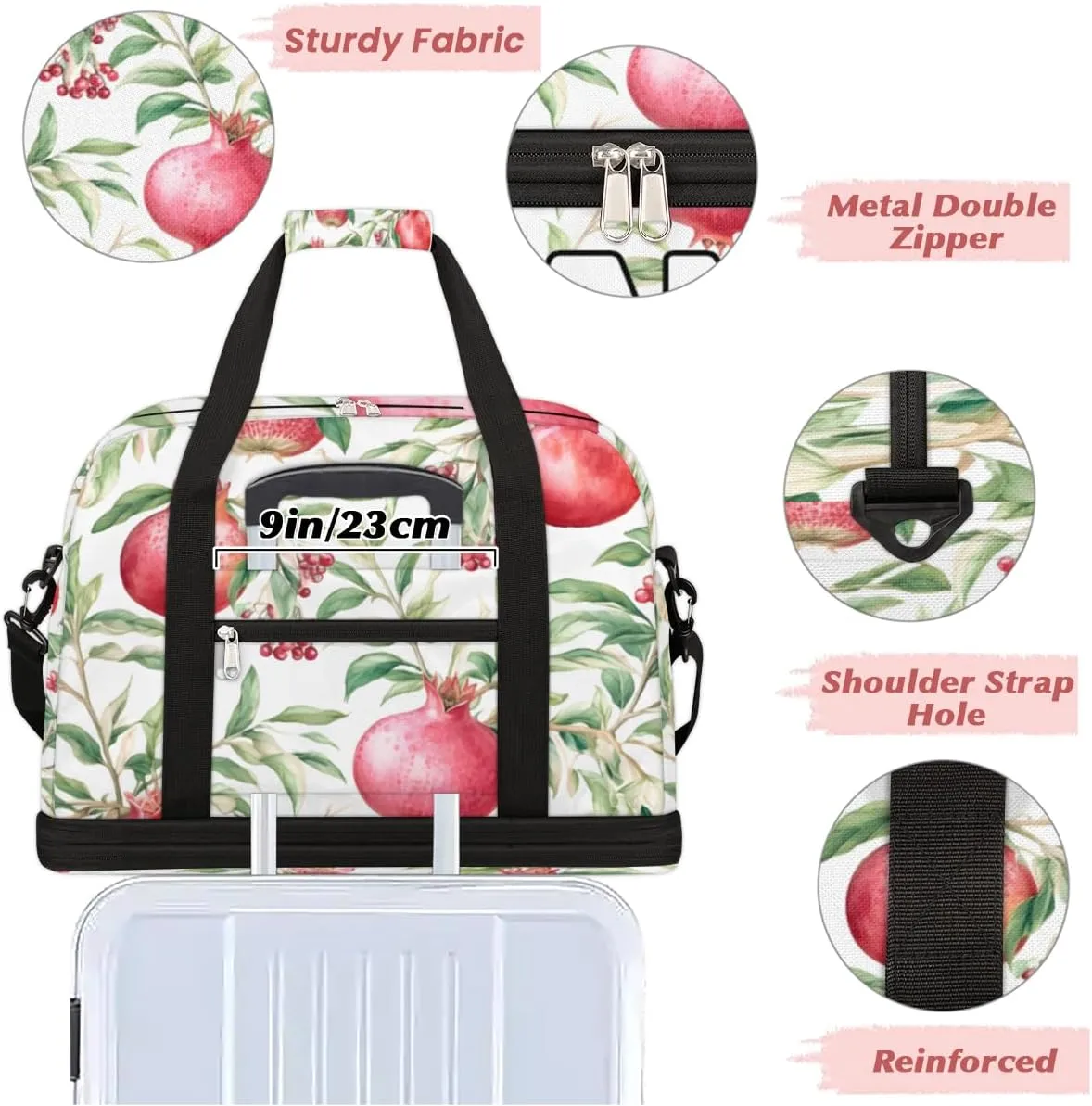 Pomegranates Flowers Pattern Custom Foldable Duffle Bag with Shoes Compartment Personalized Large Capacity Waterproof Travel Weekender Bag Overnight Bag for Sports Gym