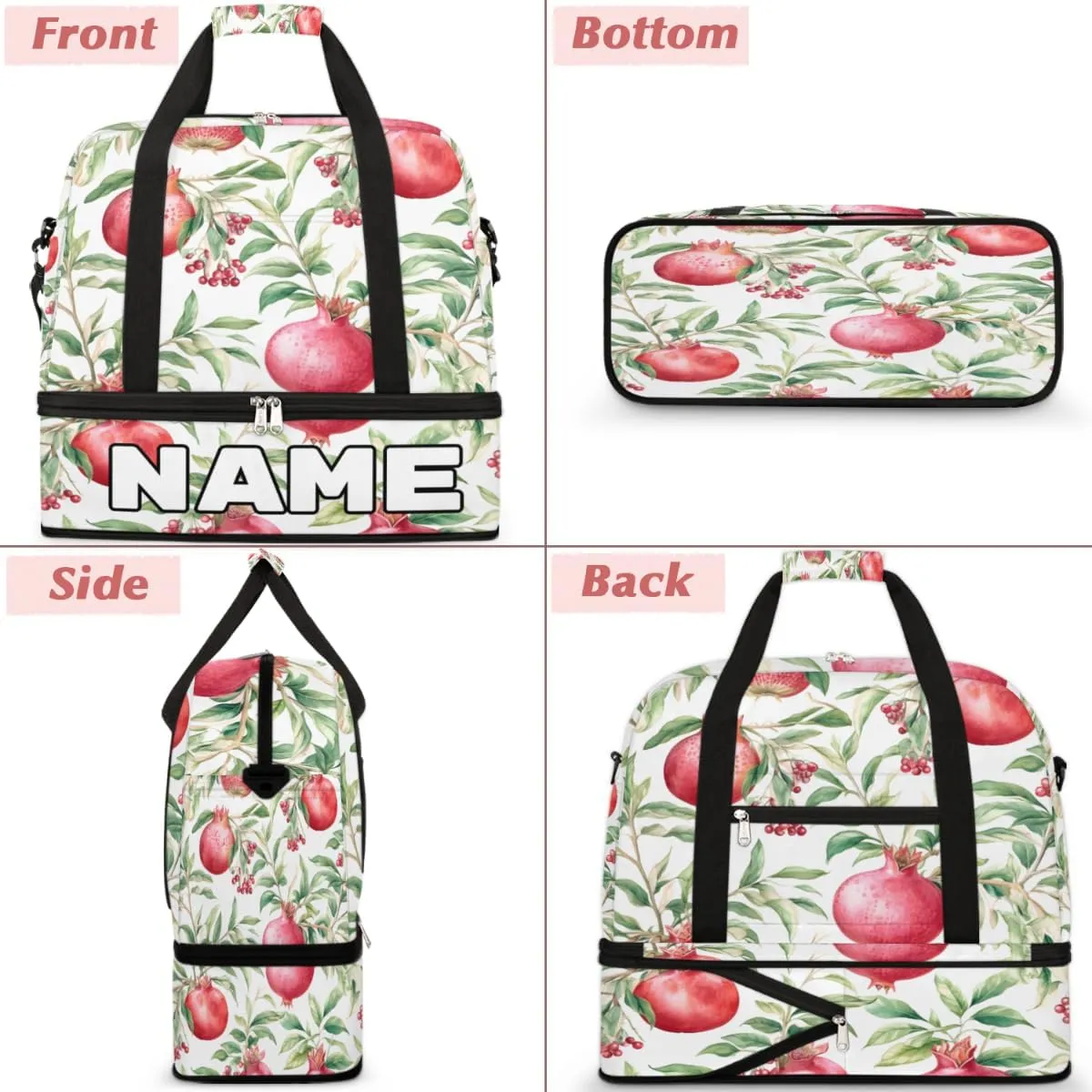 Pomegranates Flowers Pattern Custom Foldable Duffle Bag with Shoes Compartment Personalized Large Capacity Waterproof Travel Weekender Bag Overnight Bag for Sports Gym