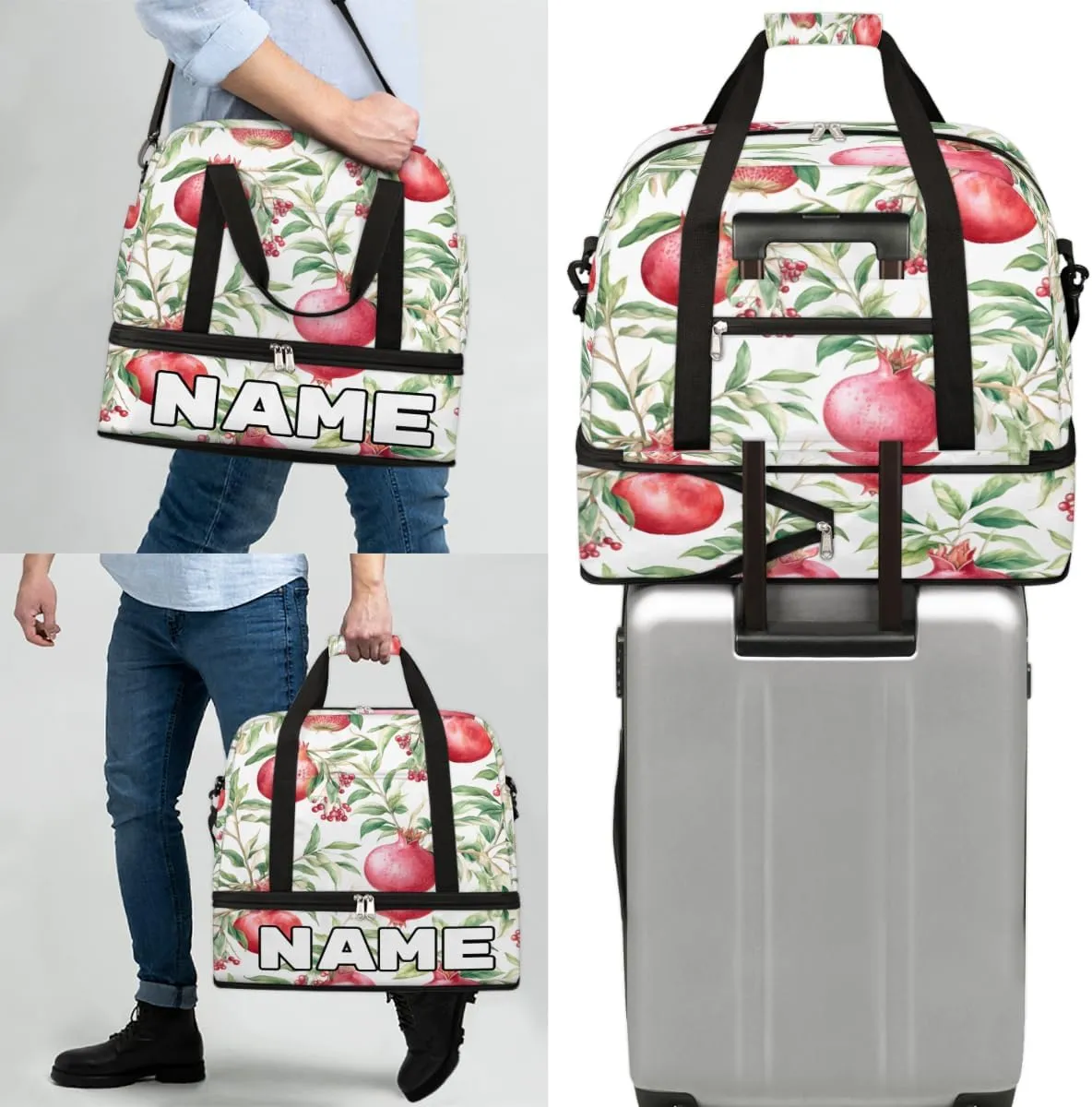 Pomegranates Flowers Pattern Custom Foldable Duffle Bag with Shoes Compartment Personalized Large Capacity Waterproof Travel Weekender Bag Overnight Bag for Sports Gym