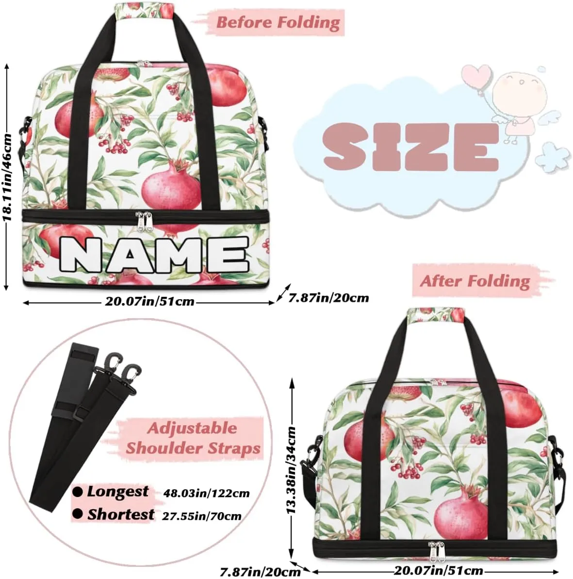 Pomegranates Flowers Pattern Custom Foldable Duffle Bag with Shoes Compartment Personalized Large Capacity Waterproof Travel Weekender Bag Overnight Bag for Sports Gym