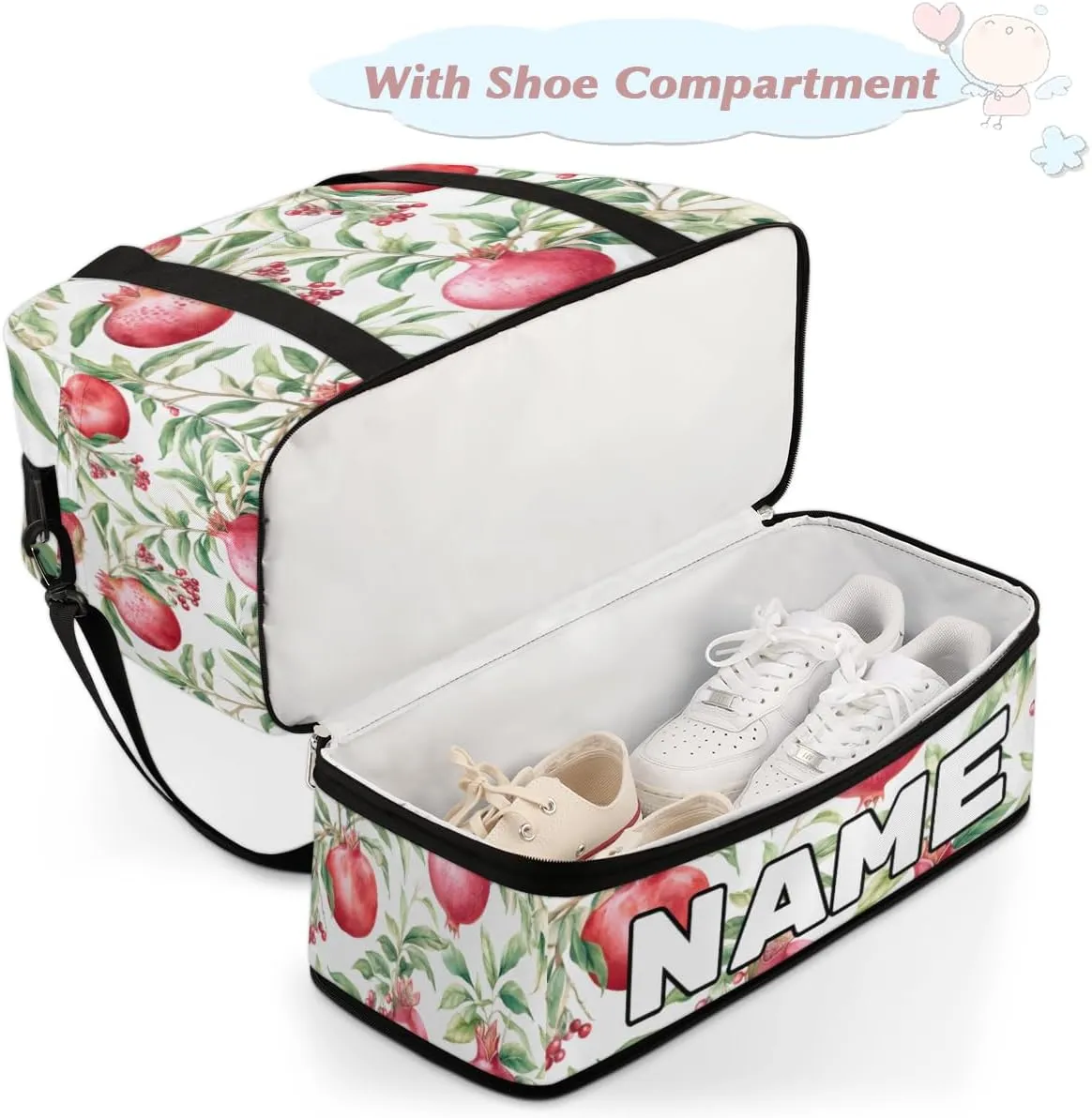 Pomegranates Flowers Pattern Custom Foldable Duffle Bag with Shoes Compartment Personalized Large Capacity Waterproof Travel Weekender Bag Overnight Bag for Sports Gym