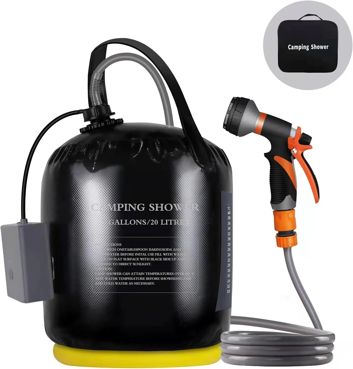 Portable Camping Shower, 5gallons/20 liters Rechargeable air Pump Outdoor Electric Camping Shower, 8 Spray Modes, Solar Heating Black PVC airbag, Built-in Thermometer, Beach, Camping, Hiking