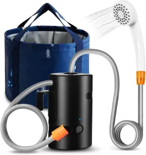 Portable Camping Shower, Built-in 4400mAh, USB Rechargeable IPX7 Waterproof Battery Shower Pump Collapsible Bucket for Family Camp Hiking Backpacking Travel Beach Pet Flowering, Outdoor