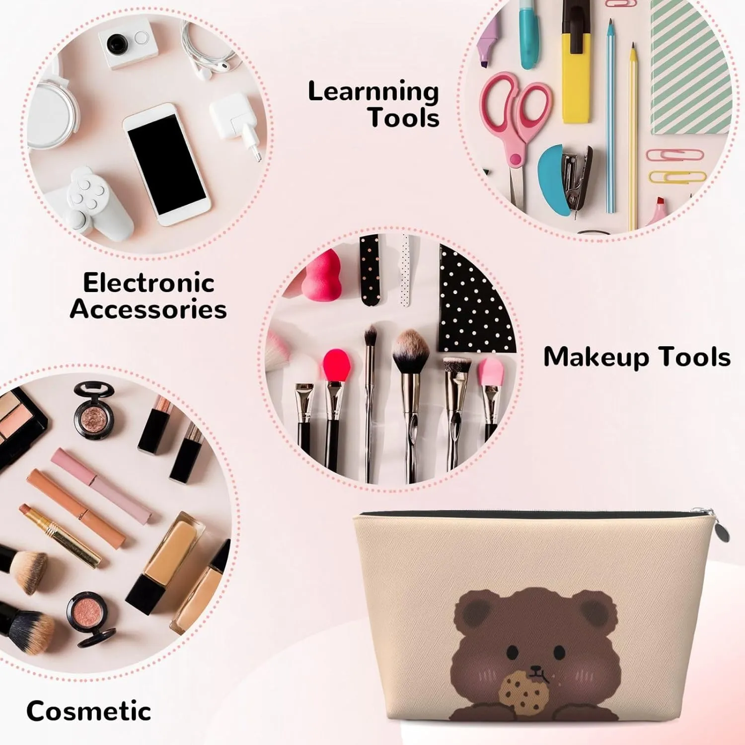 Portable Cosmetic Bag, Travel Zipper Pouch Small Makeup Bag Toiletry Organizer for Women - Cute Bear