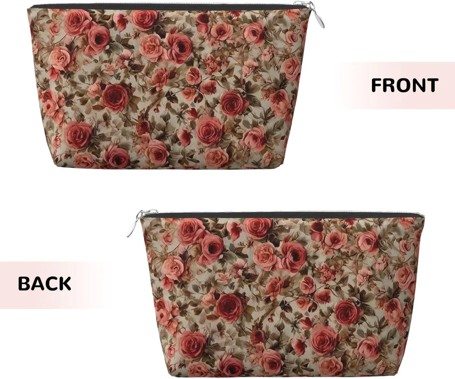 Portable Cosmetic Bag, Travel Zipper Pouch Small Makeup Bag Toiletry Organizer for Women - Pink Rose Flower
