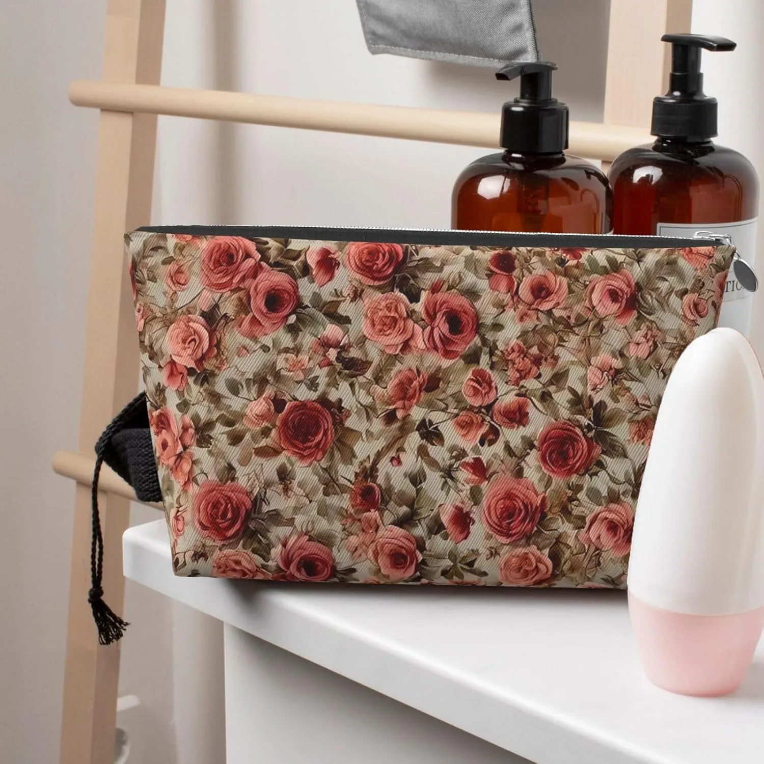 Portable Cosmetic Bag, Travel Zipper Pouch Small Makeup Bag Toiletry Organizer for Women - Pink Rose Flower