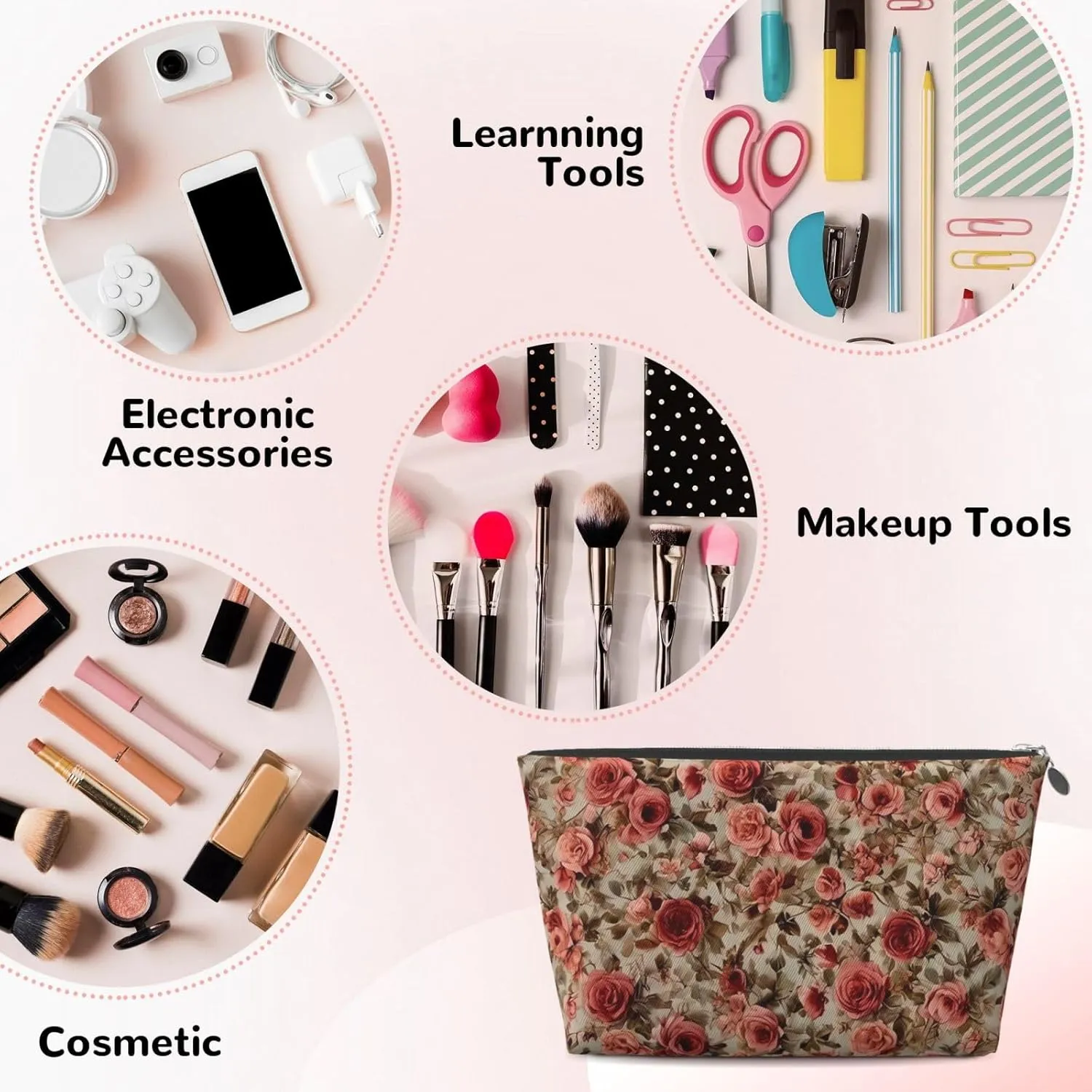 Portable Cosmetic Bag, Travel Zipper Pouch Small Makeup Bag Toiletry Organizer for Women - Pink Rose Flower