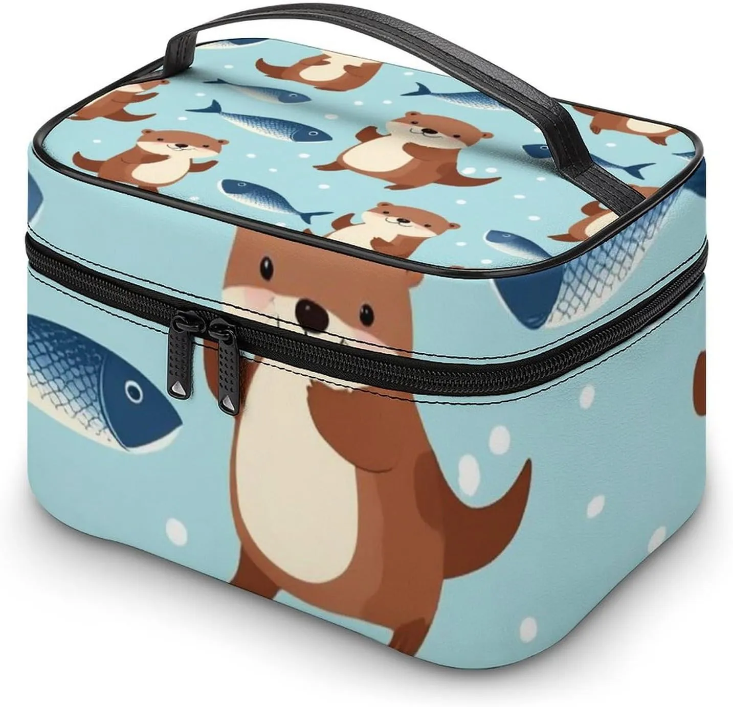 Portable Makeup Bag for Women, Travel Large Cosmetics Toiletry Storage Bag Cute Otter Fish Pattern Makeup Organizer Case with Handle