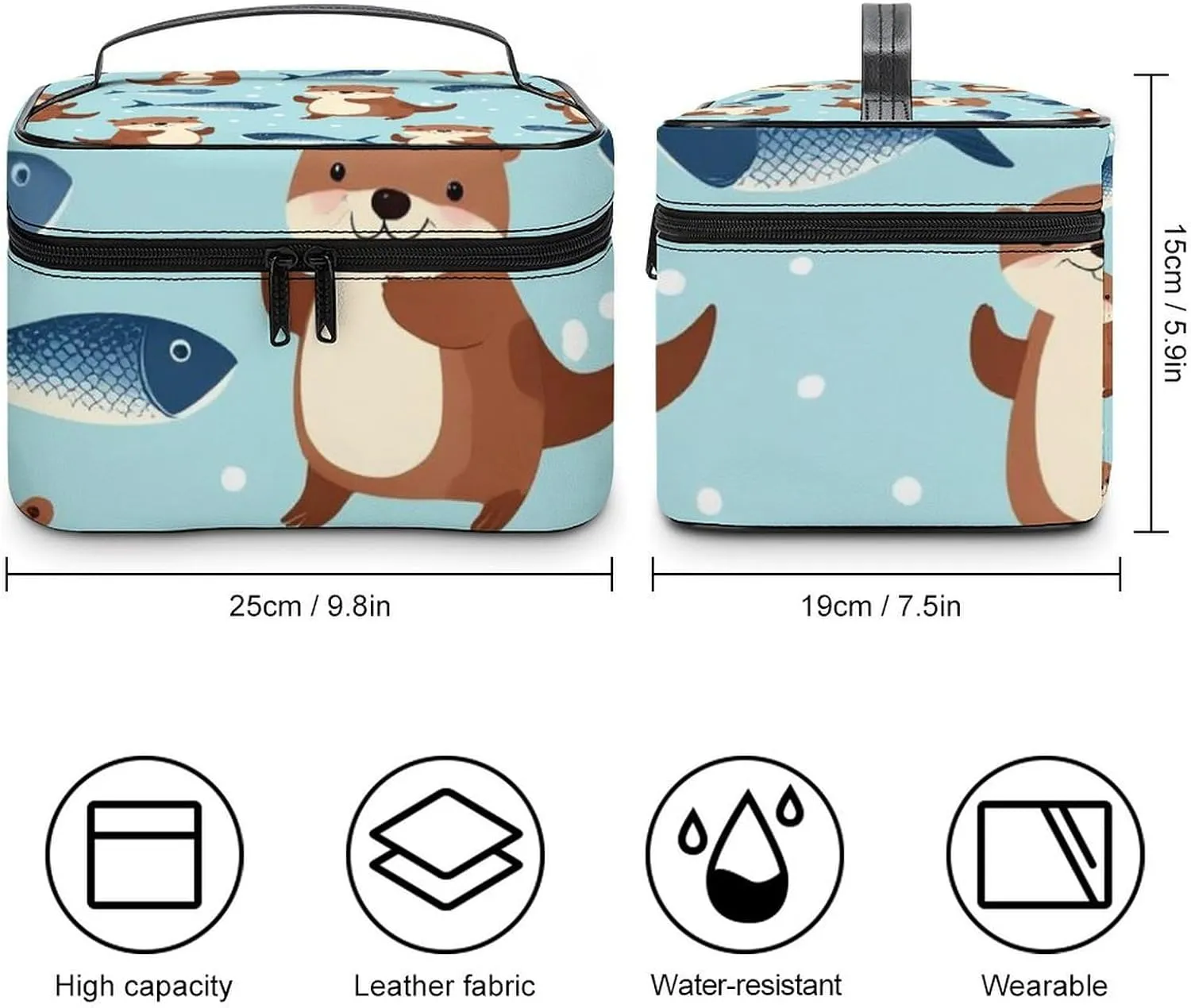 Portable Makeup Bag for Women, Travel Large Cosmetics Toiletry Storage Bag Cute Otter Fish Pattern Makeup Organizer Case with Handle