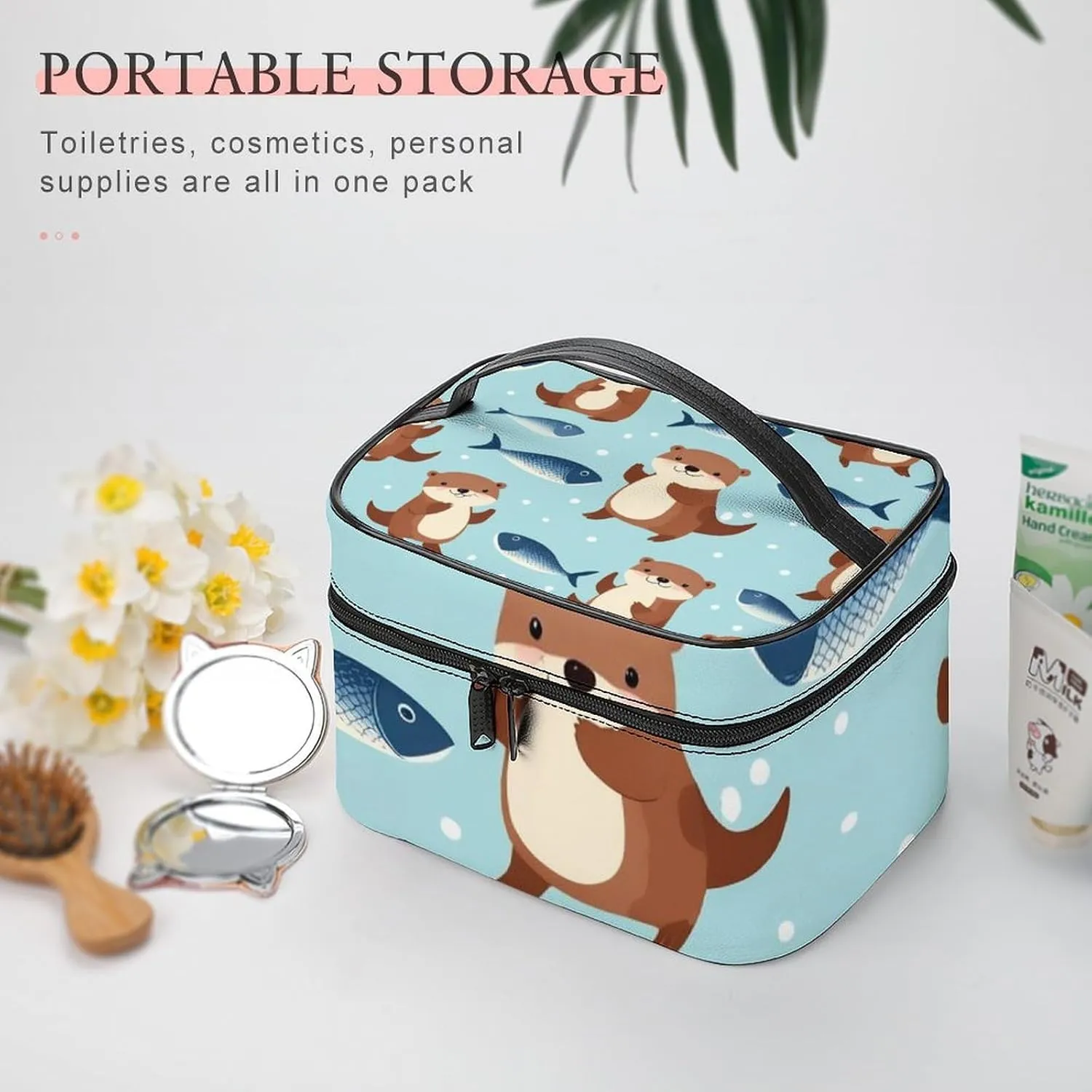 Portable Makeup Bag for Women, Travel Large Cosmetics Toiletry Storage Bag Cute Otter Fish Pattern Makeup Organizer Case with Handle