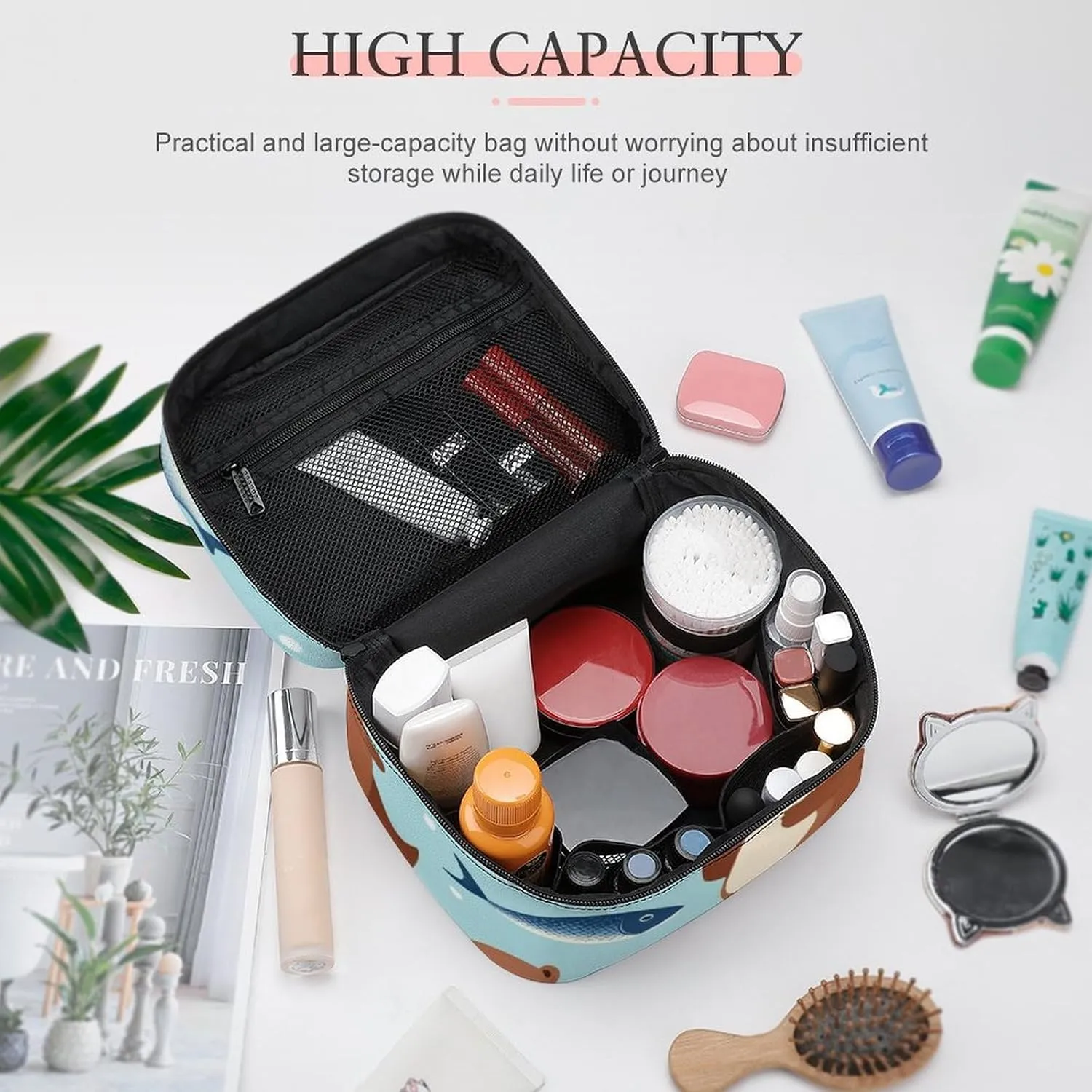 Portable Makeup Bag for Women, Travel Large Cosmetics Toiletry Storage Bag Cute Otter Fish Pattern Makeup Organizer Case with Handle