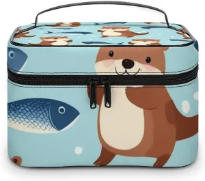 Portable Makeup Bag for Women, Travel Large Cosmetics Toiletry Storage Bag Cute Otter Fish Pattern Makeup Organizer Case with Handle