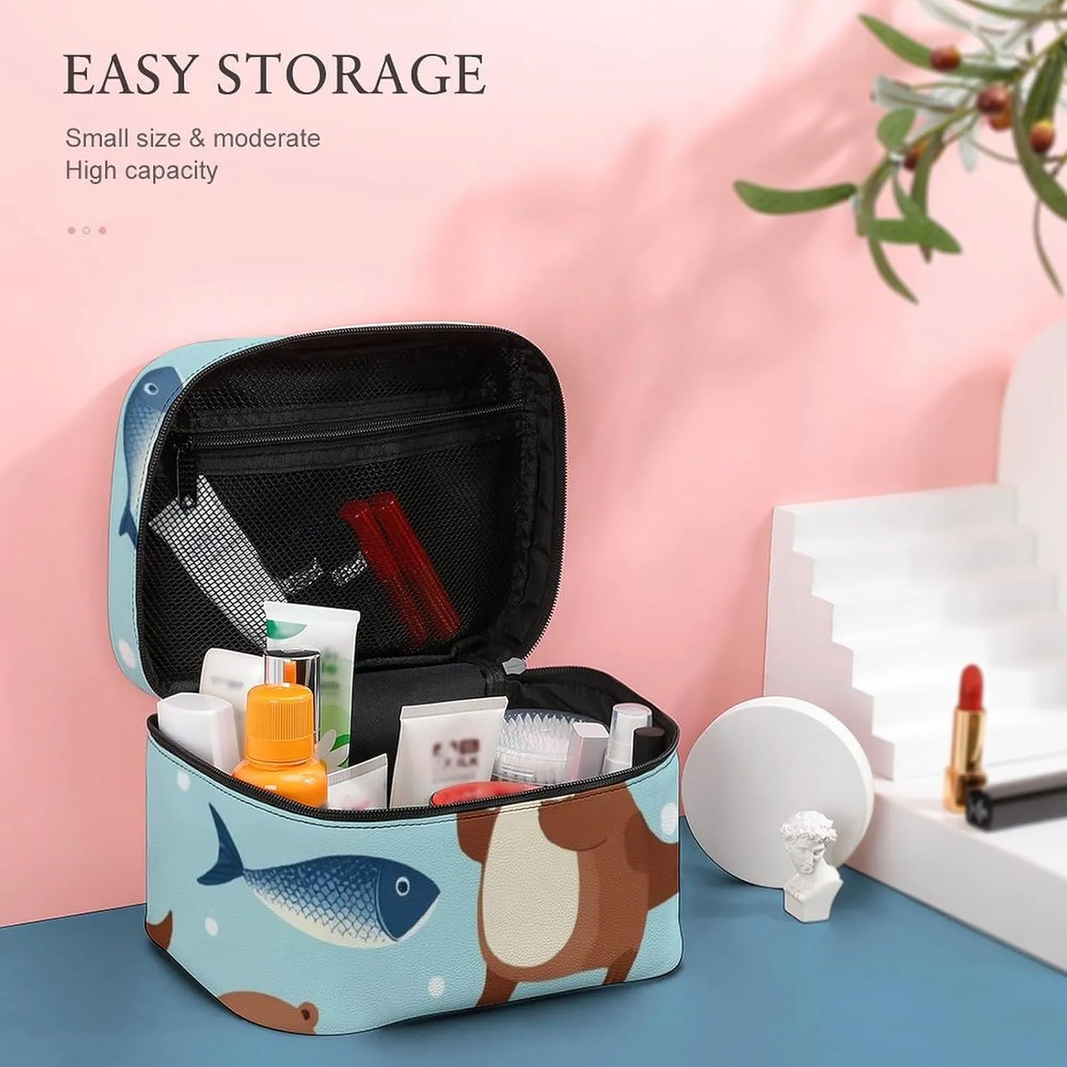 Portable Makeup Bag for Women, Travel Large Cosmetics Toiletry Storage Bag Cute Otter Fish Pattern Makeup Organizer Case with Handle