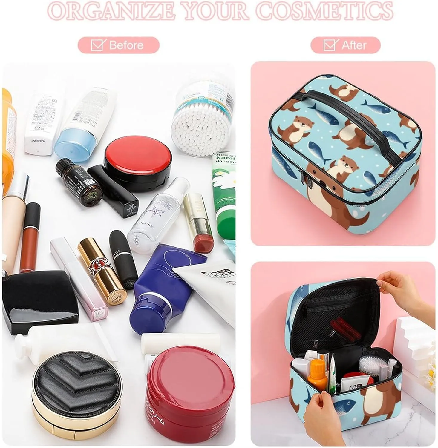 Portable Makeup Bag for Women, Travel Large Cosmetics Toiletry Storage Bag Cute Otter Fish Pattern Makeup Organizer Case with Handle