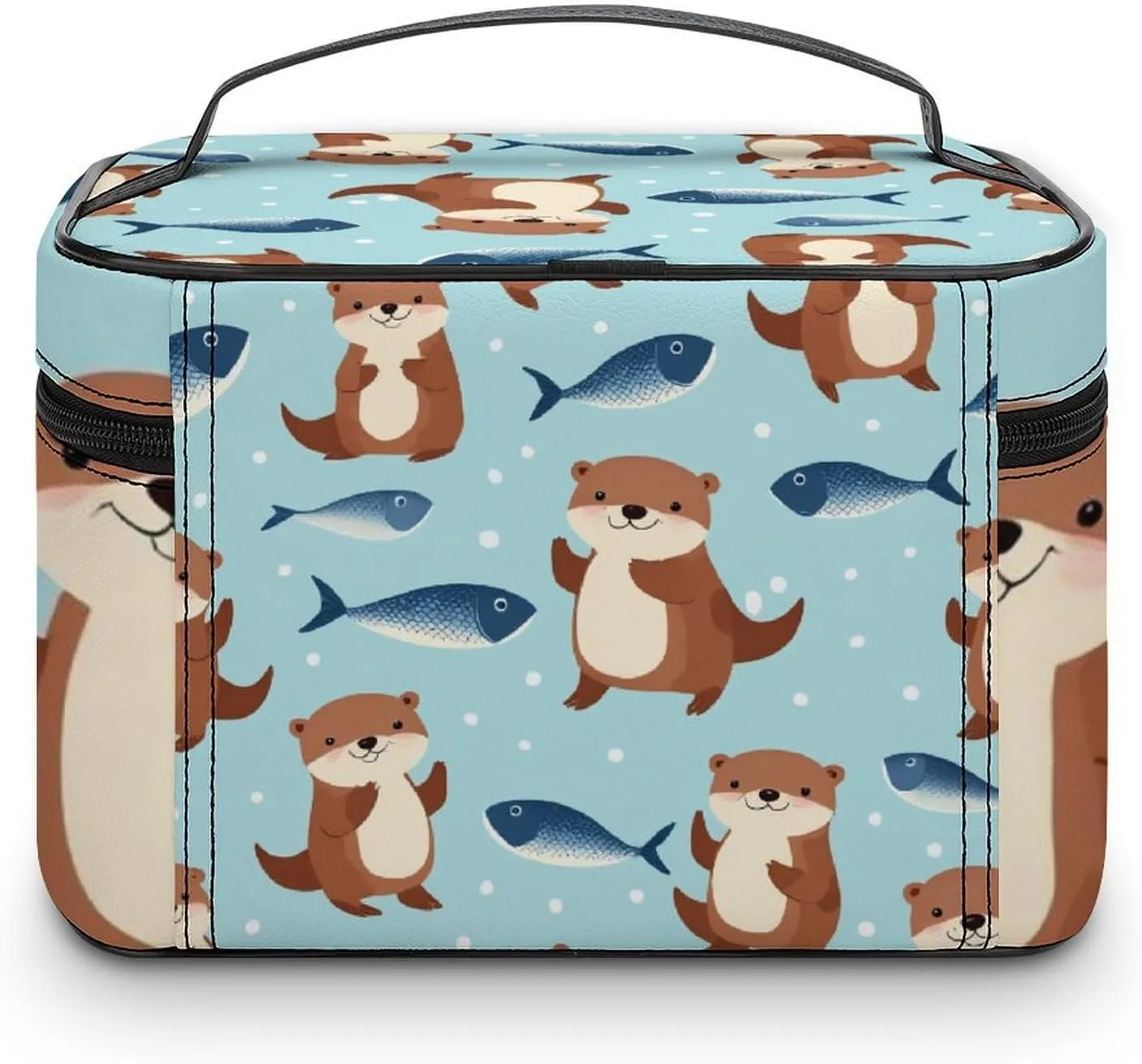 Portable Makeup Bag for Women, Travel Large Cosmetics Toiletry Storage Bag Cute Otter Fish Pattern Makeup Organizer Case with Handle