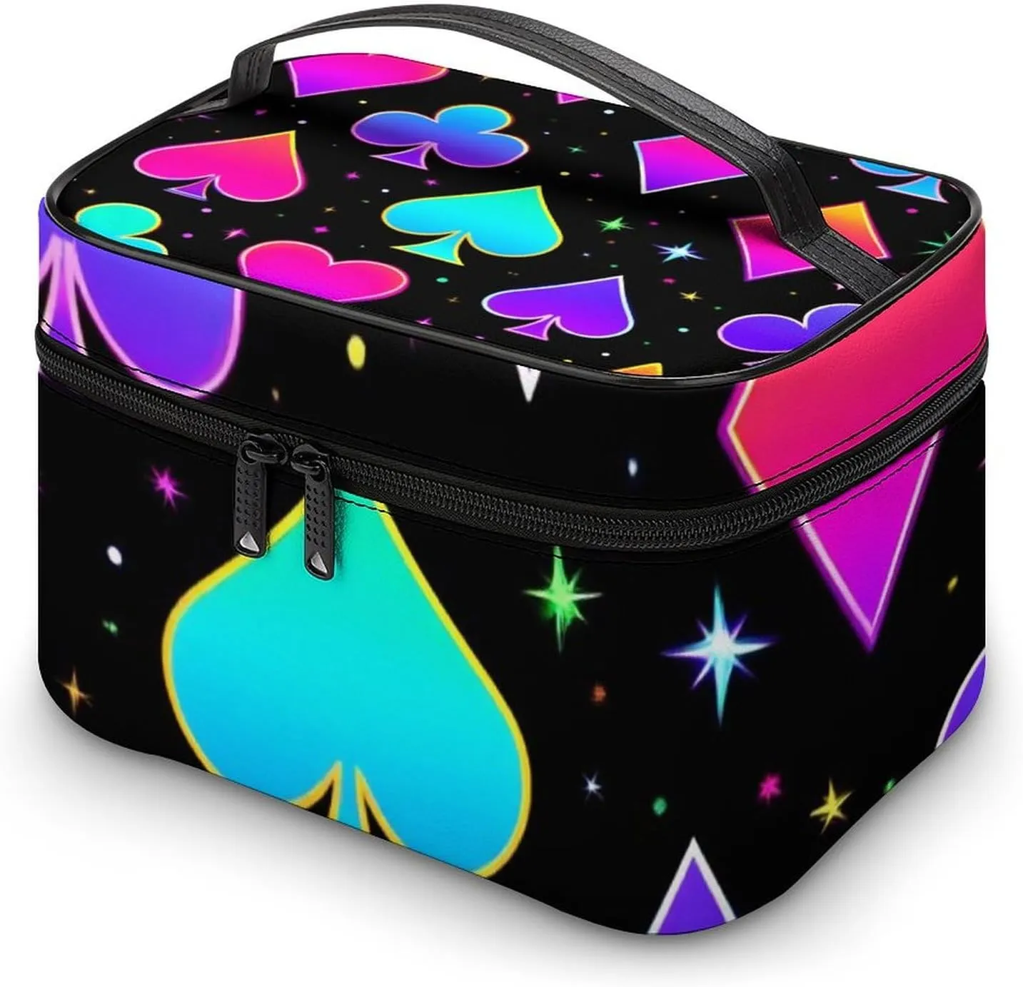 Portable Travel Makeup Bag for Women, Waterproof Toiletry Pouch Trippy Neon Magic Playing Card Cosmetic Organizer Storage Case with Handle