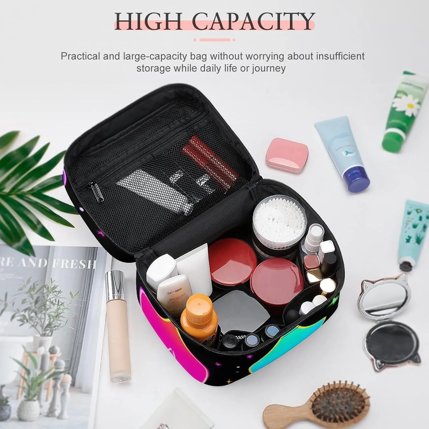 Portable Travel Makeup Bag for Women, Waterproof Toiletry Pouch Trippy Neon Magic Playing Card Cosmetic Organizer Storage Case with Handle