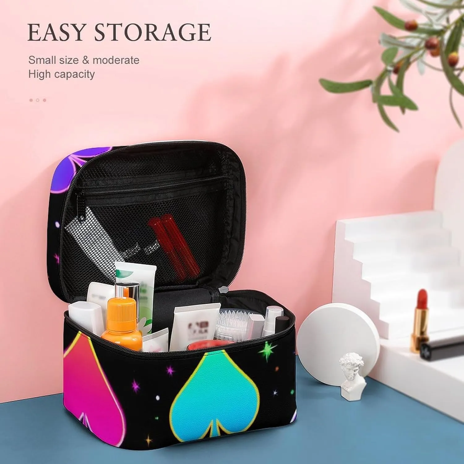 Portable Travel Makeup Bag for Women, Waterproof Toiletry Pouch Trippy Neon Magic Playing Card Cosmetic Organizer Storage Case with Handle