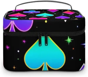 Portable Travel Makeup Bag for Women, Waterproof Toiletry Pouch Trippy Neon Magic Playing Card Cosmetic Organizer Storage Case with Handle