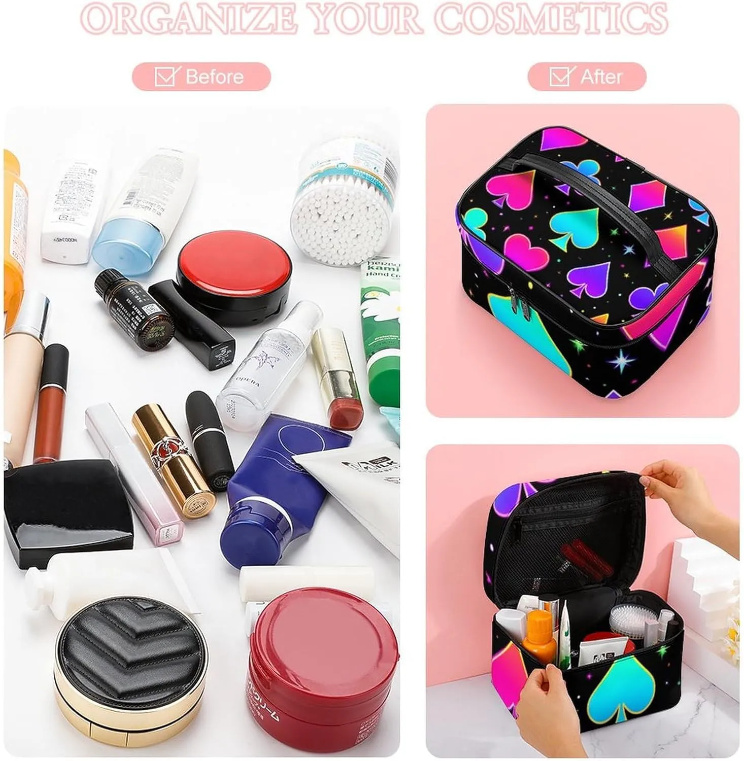 Portable Travel Makeup Bag for Women, Waterproof Toiletry Pouch Trippy Neon Magic Playing Card Cosmetic Organizer Storage Case with Handle