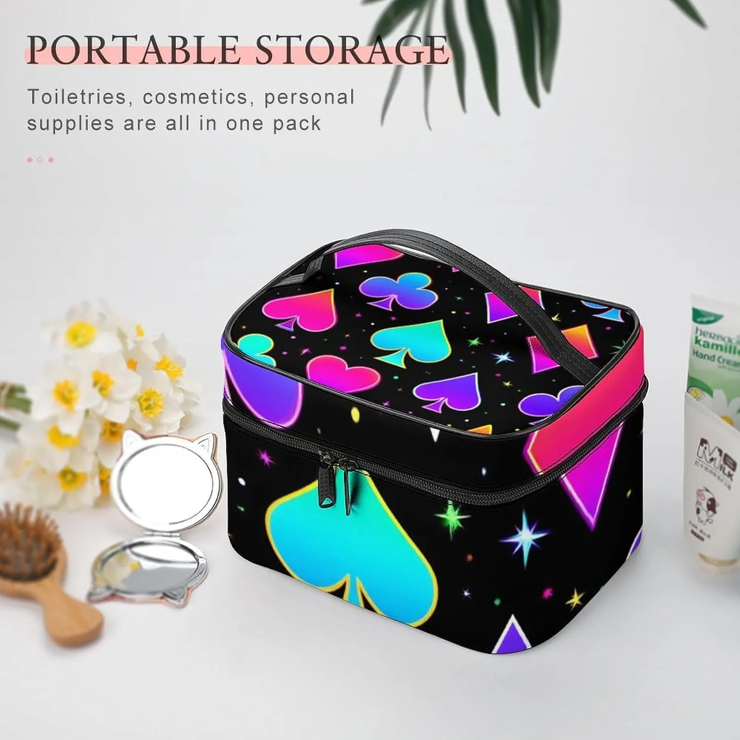 Portable Travel Makeup Bag for Women, Waterproof Toiletry Pouch Trippy Neon Magic Playing Card Cosmetic Organizer Storage Case with Handle