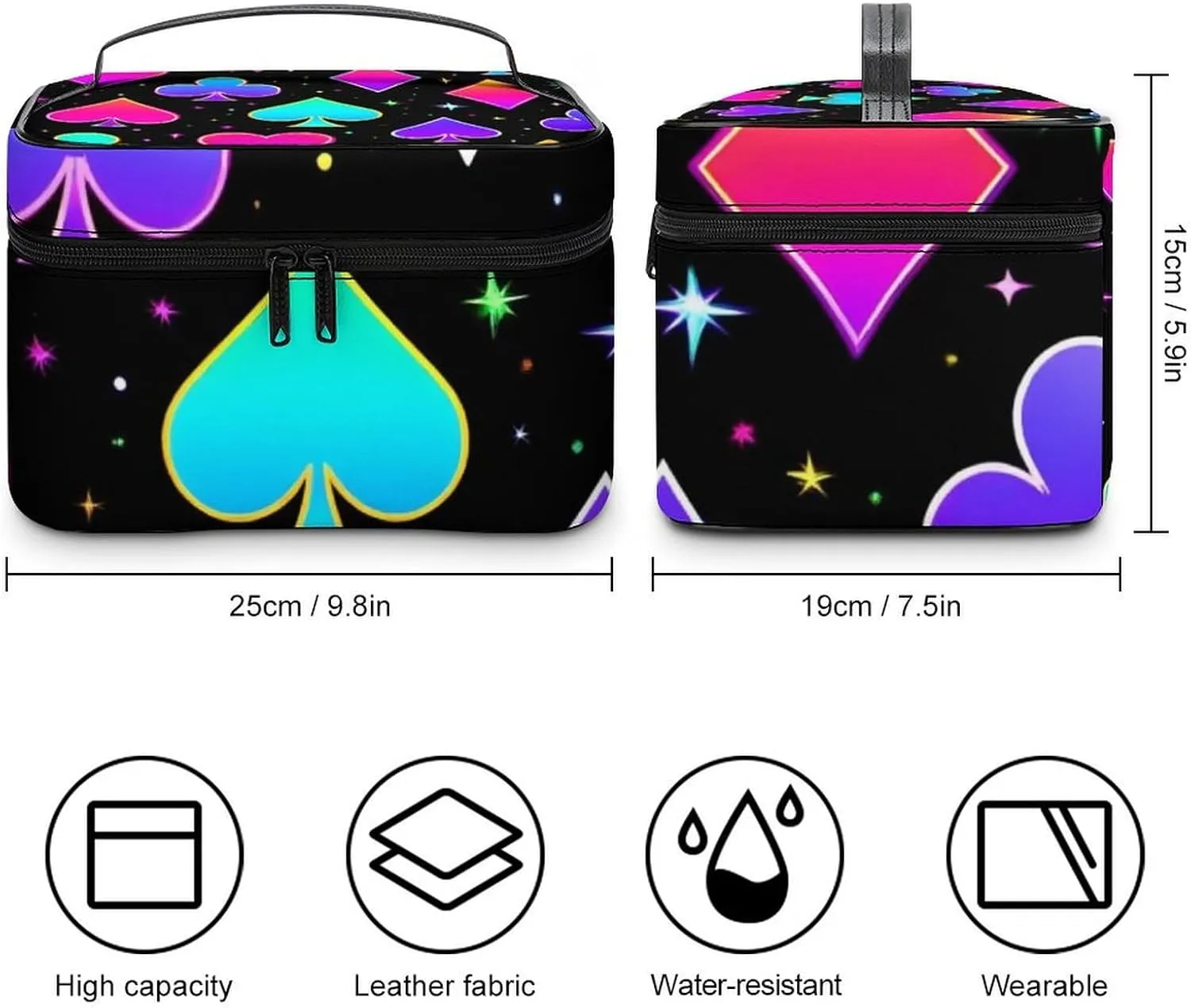 Portable Travel Makeup Bag for Women, Waterproof Toiletry Pouch Trippy Neon Magic Playing Card Cosmetic Organizer Storage Case with Handle