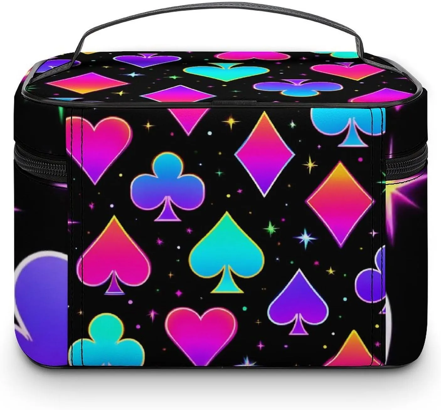 Portable Travel Makeup Bag for Women, Waterproof Toiletry Pouch Trippy Neon Magic Playing Card Cosmetic Organizer Storage Case with Handle