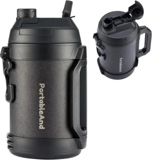 PortableAnd 3.2 Liter / 108 oz Insulated Water Jug with Flip Straw - 24 Hours Cold, Powder-Coated, Durable Handle, Large Capacity for Sports, Gym, Travel, and Camping (Black Powder)