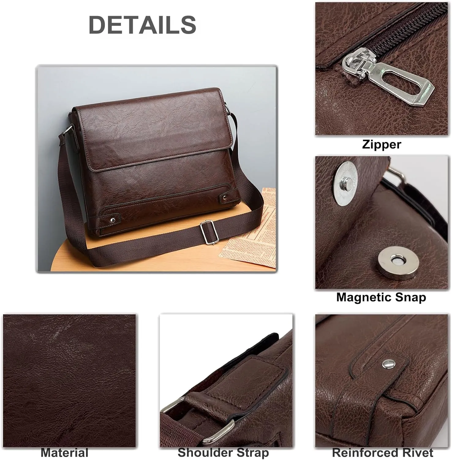 PORT&LOTUS Messenger Bags for Men - Small PU Leather Crossbody Bags