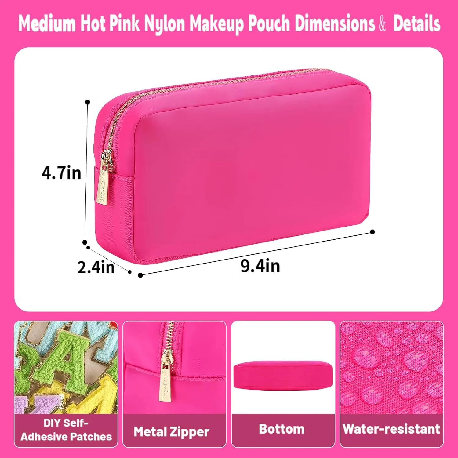 Pouch for Purse Skin Care Bag Women Makeup Bag Nylon Cosmetic Pouch with Zipper Pocket (M, HotPink)