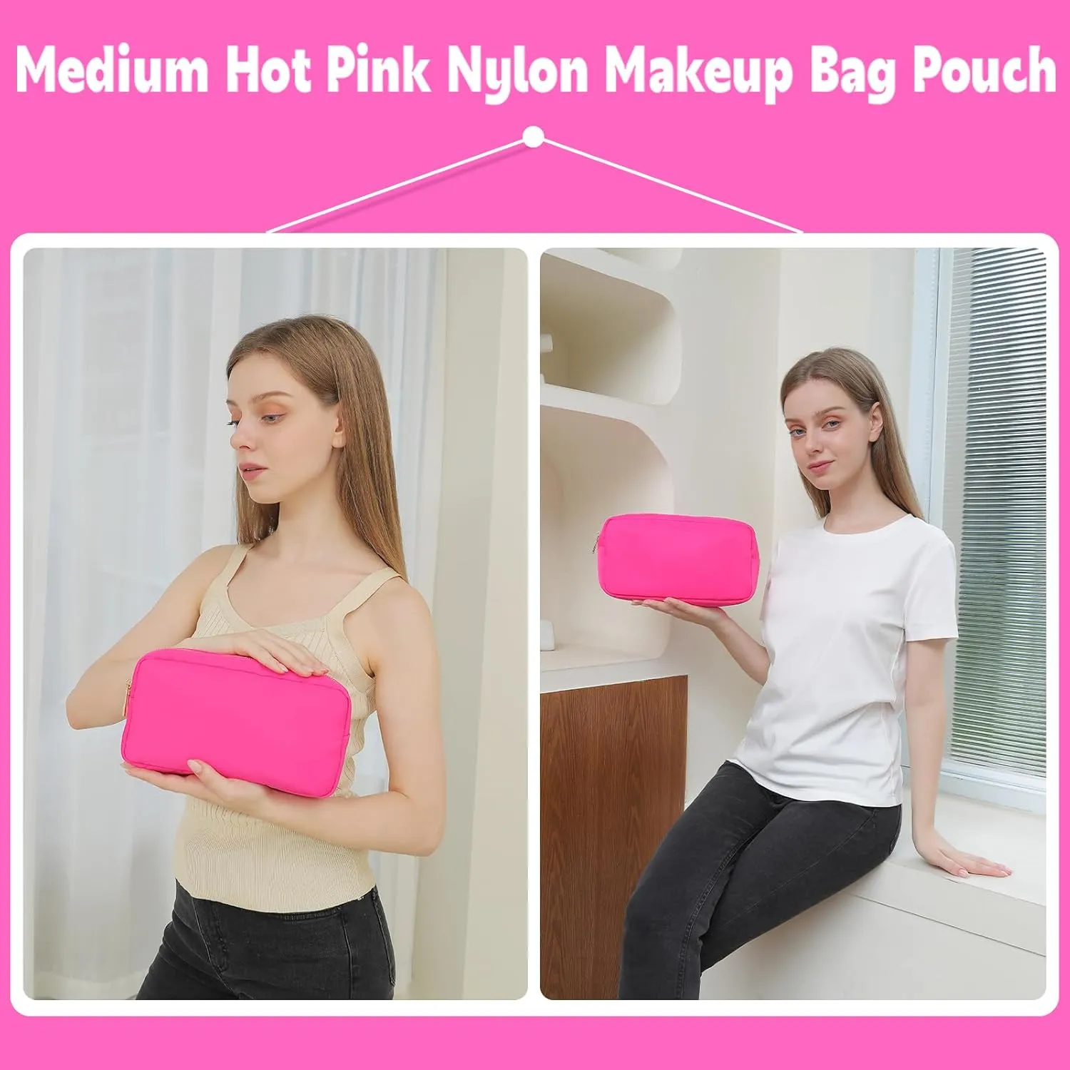Pouch for Purse Skin Care Bag Women Makeup Bag Nylon Cosmetic Pouch with Zipper Pocket (M, HotPink)