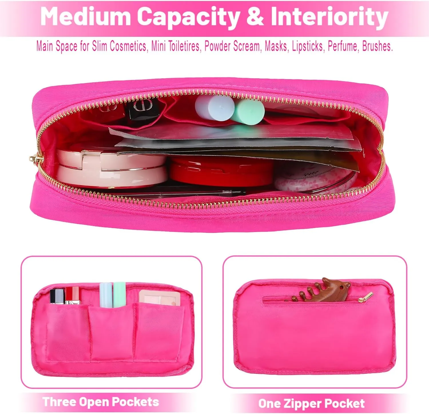 Pouch for Purse Skin Care Bag Women Makeup Bag Nylon Cosmetic Pouch with Zipper Pocket (M, HotPink)