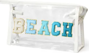 Preppy Patch Cosmetic Bag - Summer Beach Chenille Varsity Letter Clear Makeup Bag Aesthetic Waterproof PVC Zipper Portable Toiletry Kit Clutch Purse Travel Pouch Summer Gift for Women