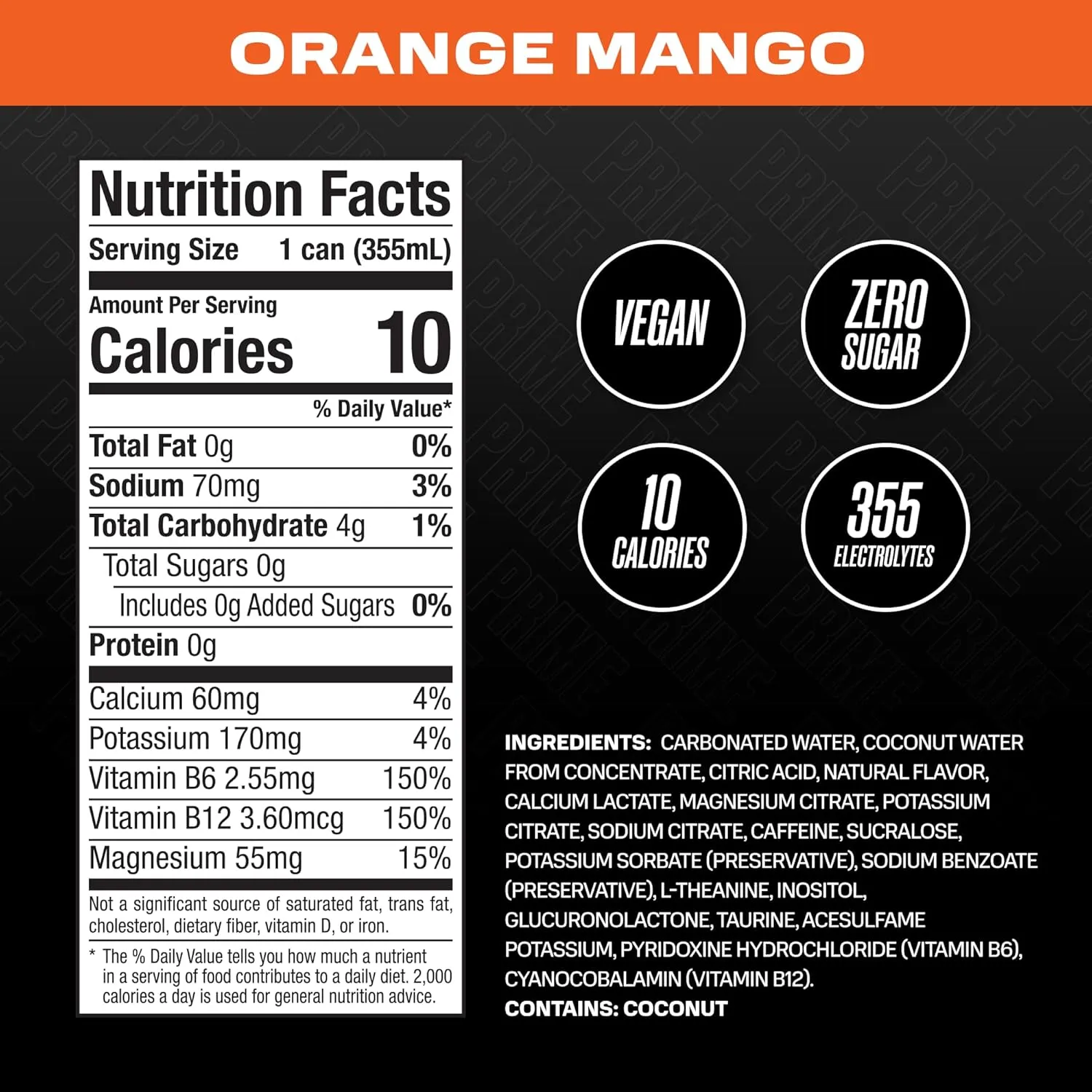 PRIME Energy ORANGE MANGO | Zero Sugar Energy Drink | Preworkout Energy | 200mg Caffeine with 355mg of Electrolytes and Coconut Water for Hydration| Vegan | Gluten Free |12 Fluid Ounce | 12 Pack