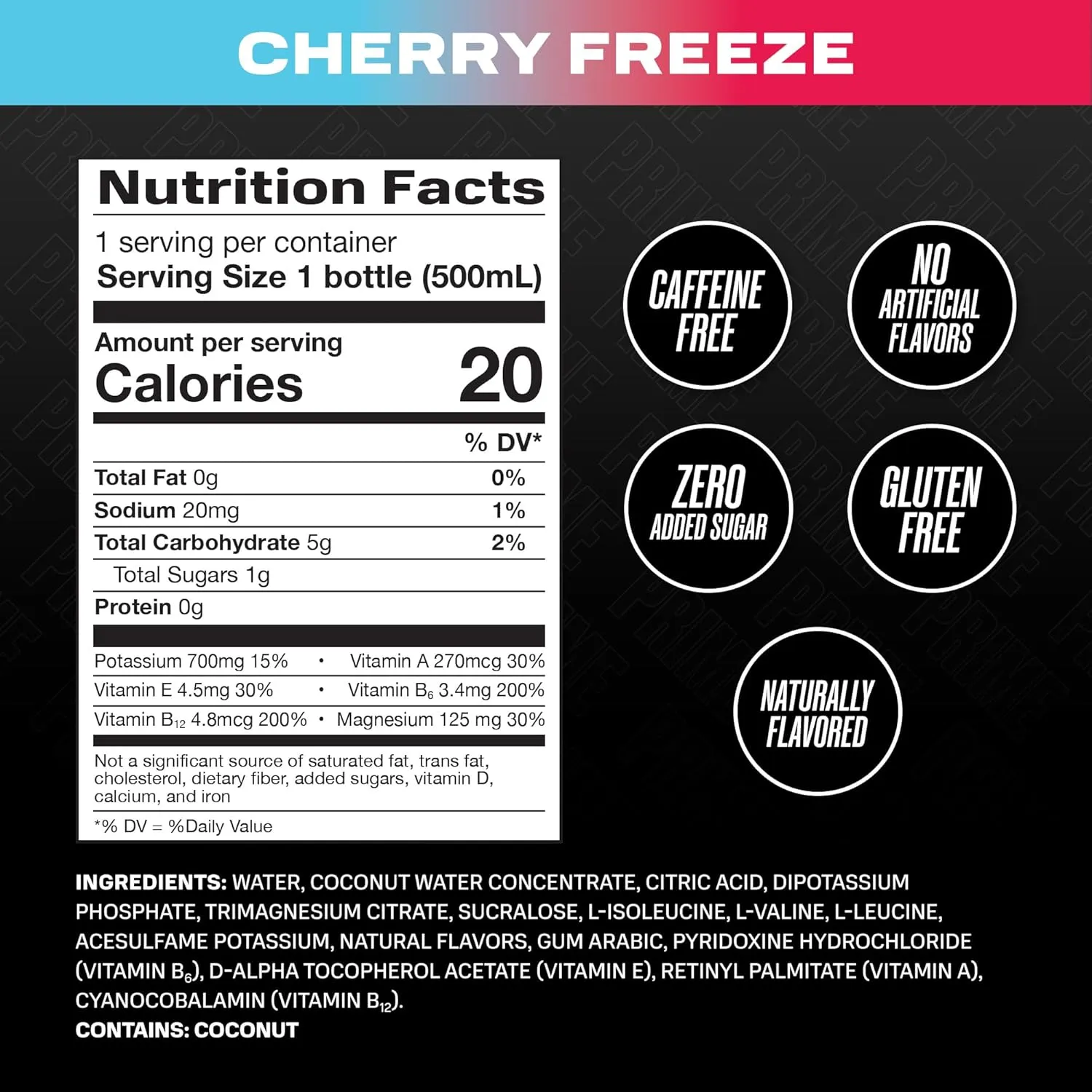 PRIME Hydration CHERRY FREEZE | Sports Drinks | Electrolyte Enhanced for Ultimate Hydration | 250mg BCAAs | B Vitamins | Antioxidants | 2g Of Sugar | 16.9 Fluid Ounce | 12 Pack