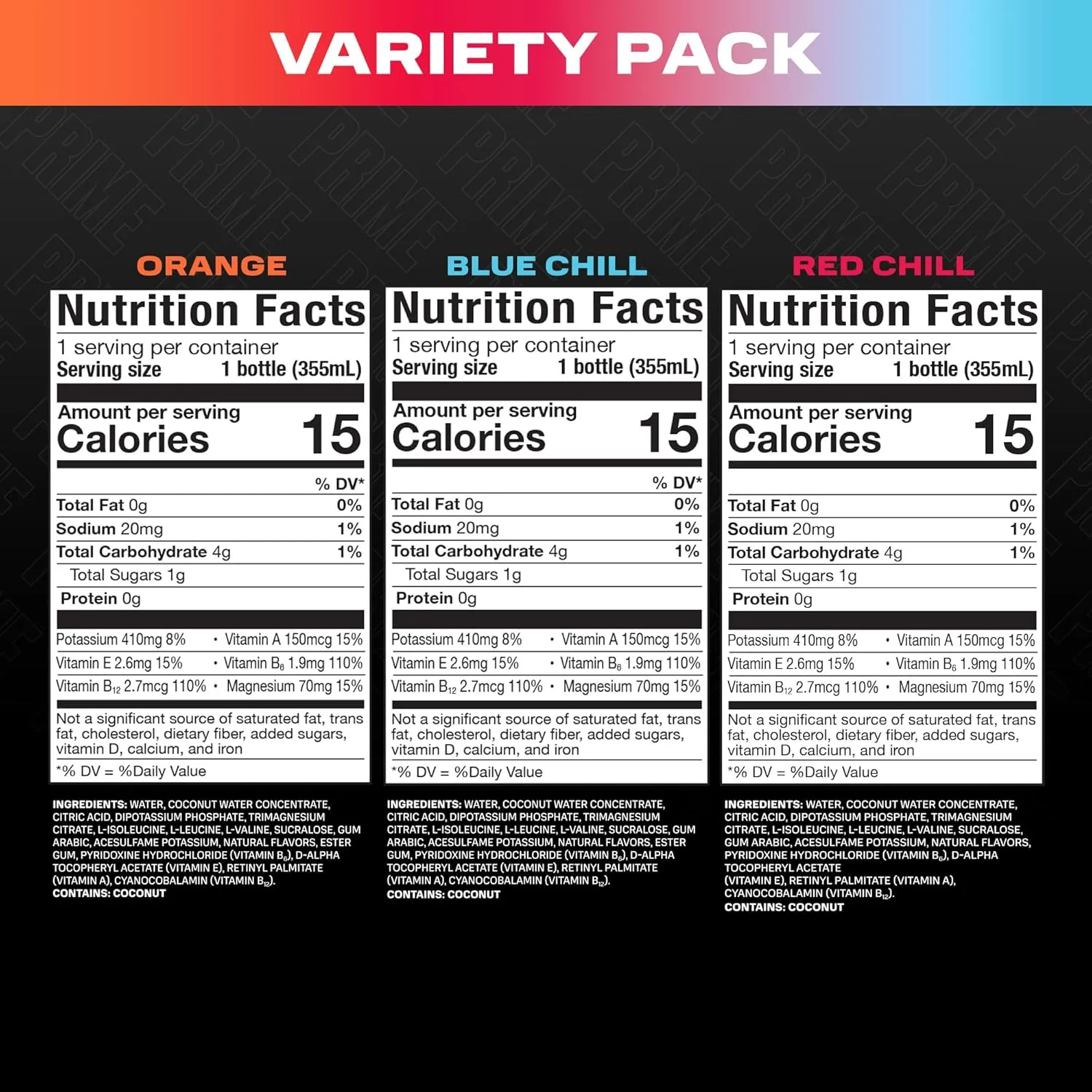 Prime ICE Hydration Variety Pack Smooth & Refreshing Low-Calorie Sports Drink with 10% Coconut Water, 500  mg Electrolytes & Zero Added Sugar, 12 fl oz Bottles, Pack of 15