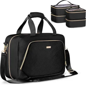 Professional Makeup Artist Travel Case with 4 Detachable Cosmetic Bags, Large Make up Organizer Bag with Makeup Kit Storage Section and Hair Tools Pocket, Black (Empty Bag Only)